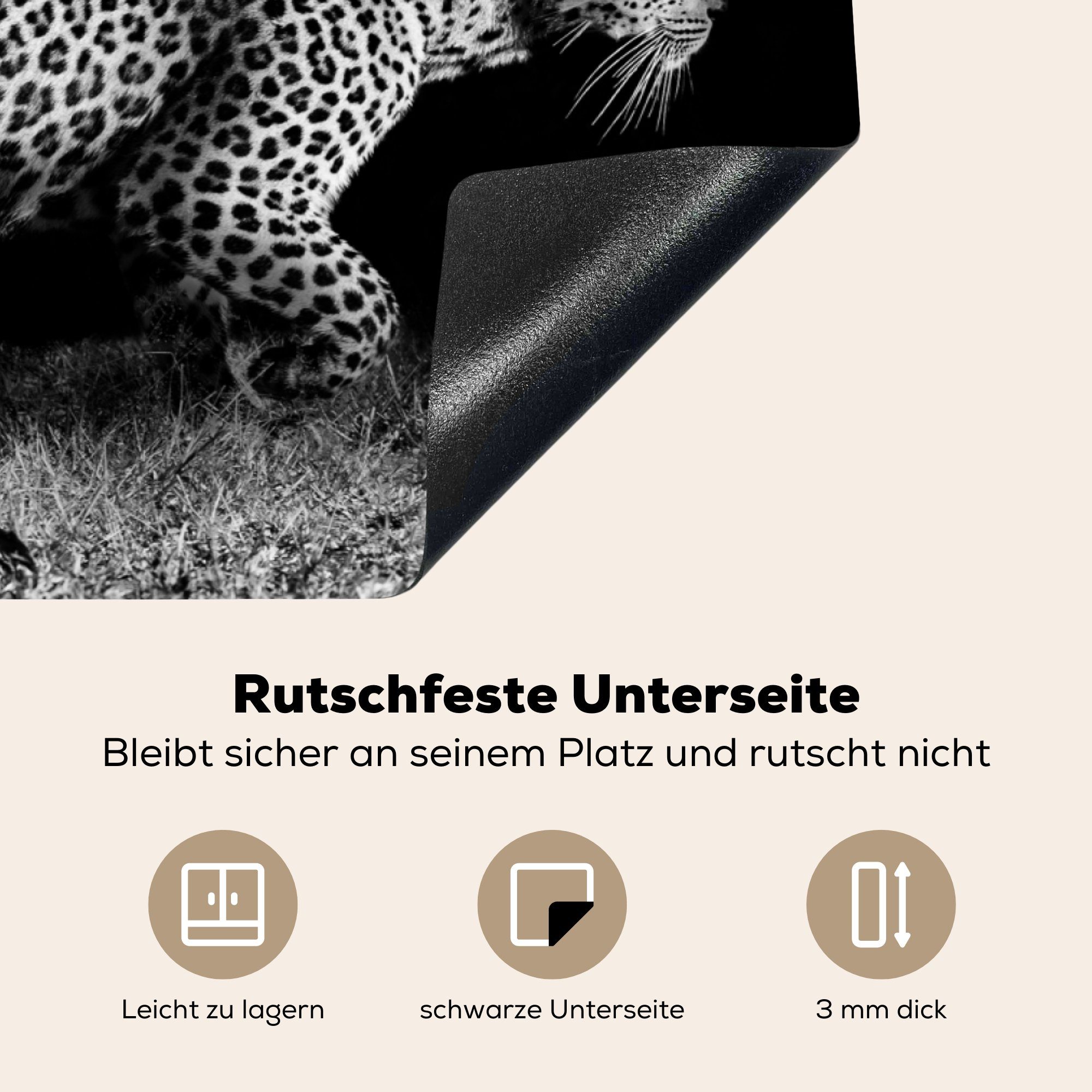 Weiß, Ceranfeldabdeckung, für Leopard Wildtiere Vinyl, tlg), Arbeitsplatte - Herdblende-/Abdeckplatte - (1 Gras MuchoWow küche - - Schwarz cm, 81x52