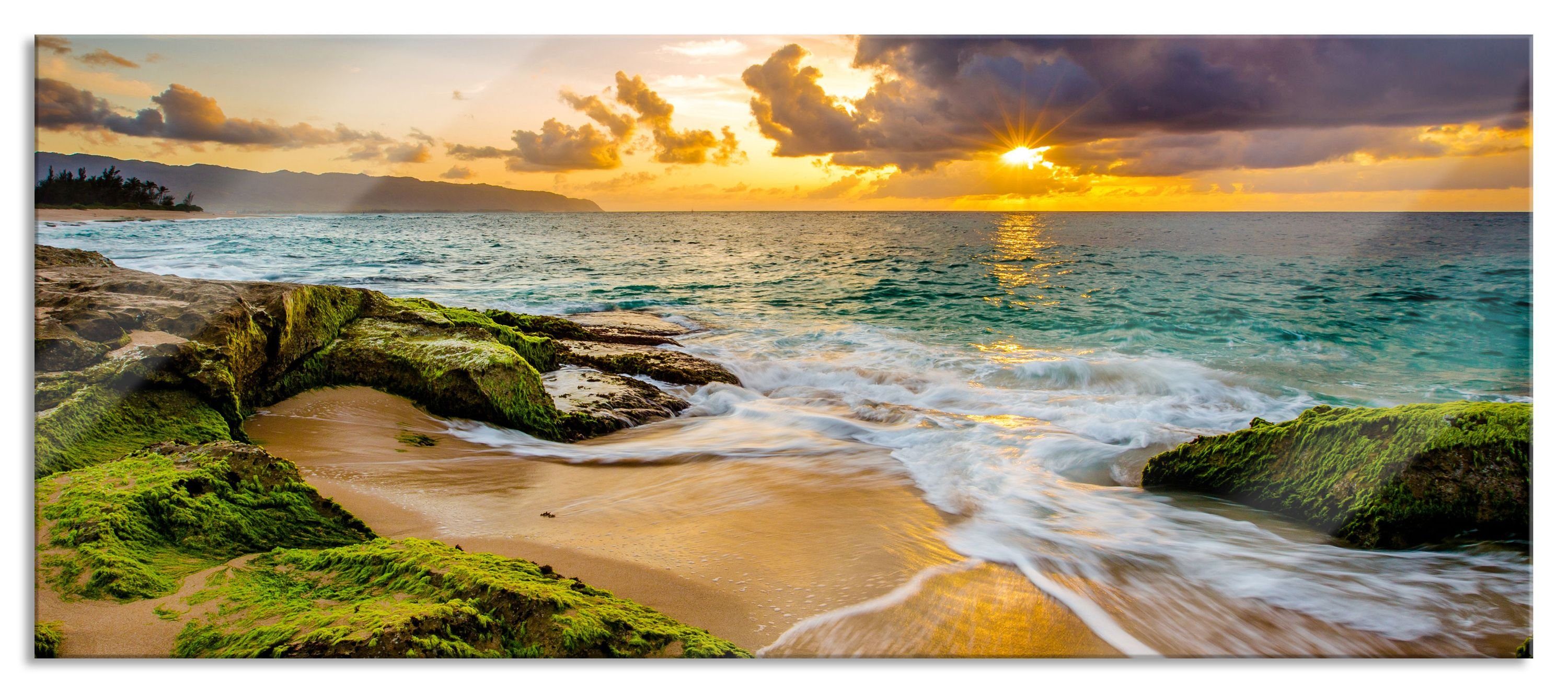 Glasbild Sonnenuntergang auf Hawaii