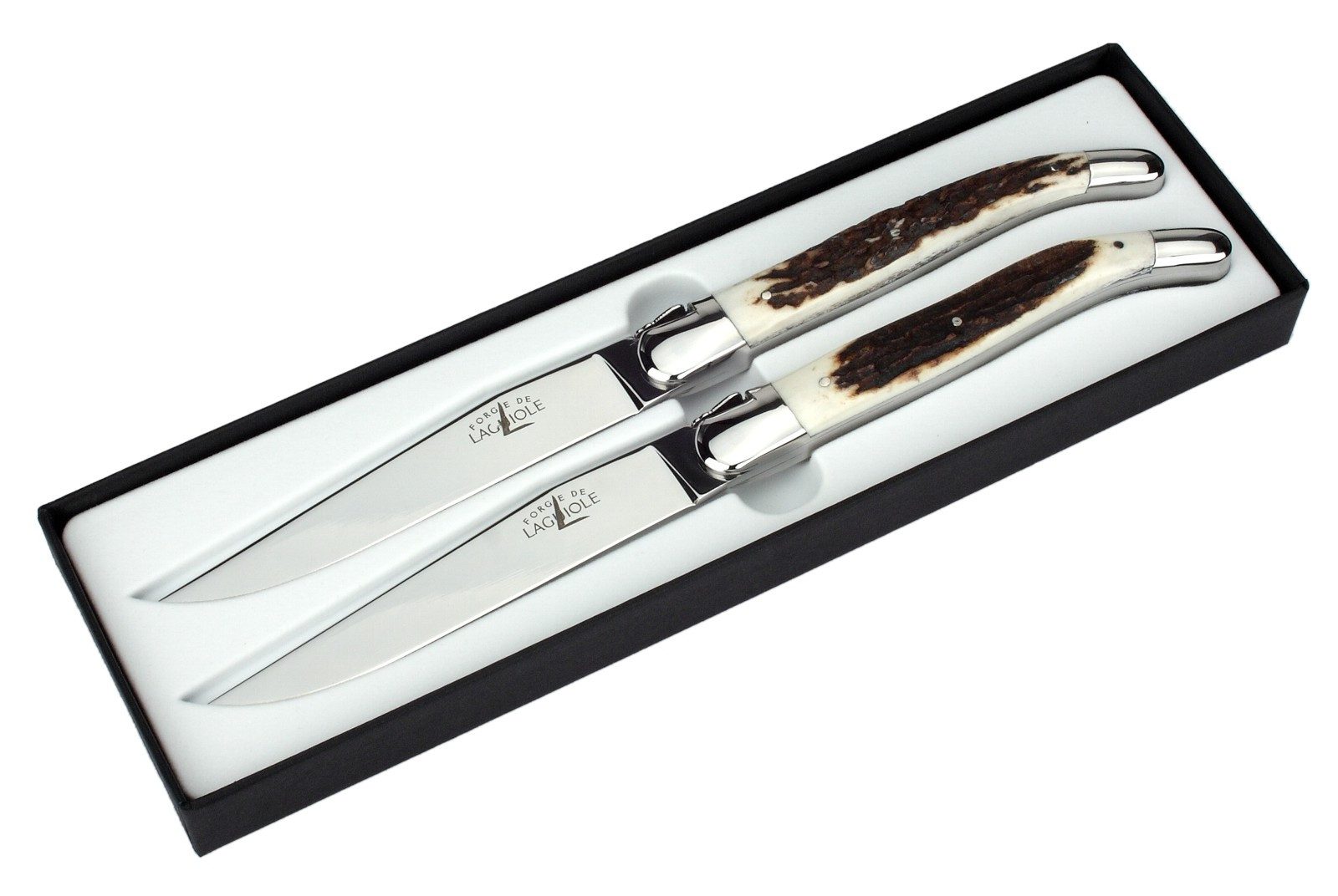 Forge de Laguiole Steakmesser T2 2M IN CF BRI 2er Set - Griff Hirschhorn - Stahl glänzend - Aufbewahrungsbox
