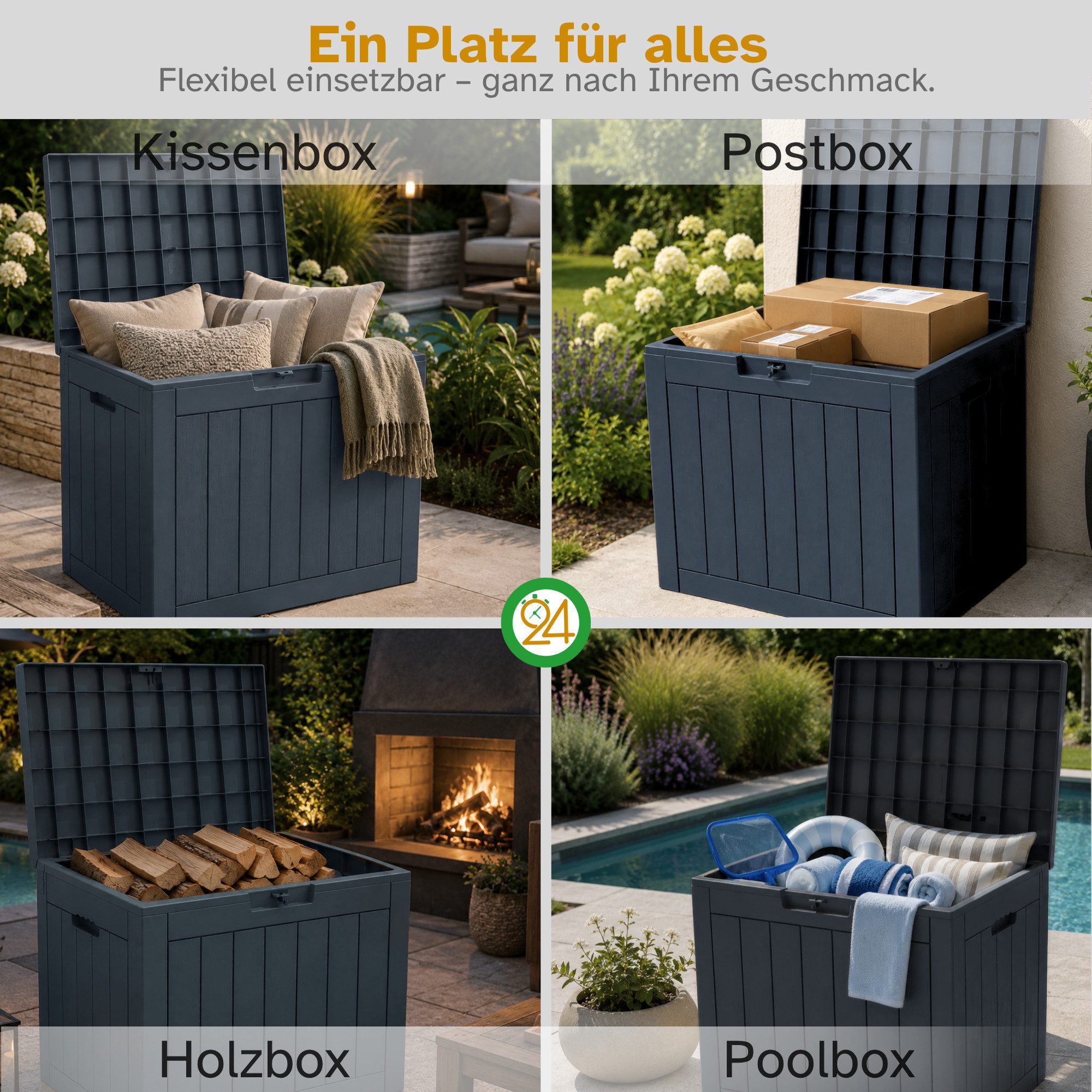 ONDIS24 Gartenbox City Cube Holzoptik Kissenbox Poolbox Sitztruhe 110L, UV,- und witterungsbeständig, abschließbar