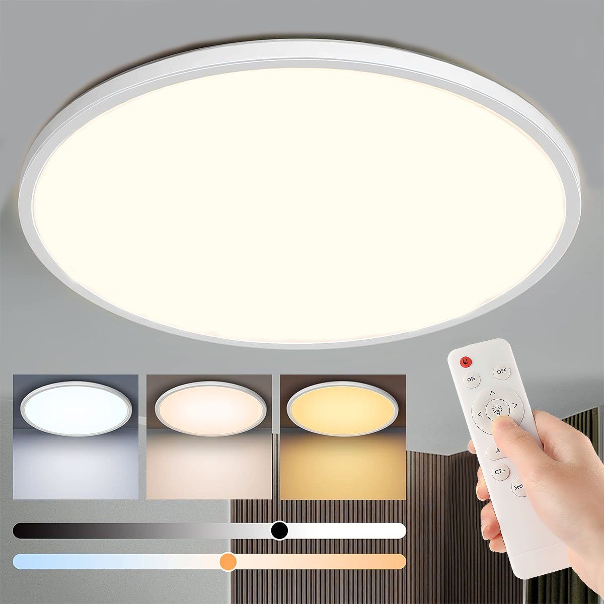 LETGOSPT für Ø Kaltweiß/Naturweiß/Warmweiß, Deckenleuchte, LED Fernbedienung - 5cm, LED Dimmbar Panel 24W/36W Schlafzimmer Wohnzimmer, Rund 30cm integriert, LED mit Ultra 36W Deckenleuchte Weiß fest Dünn