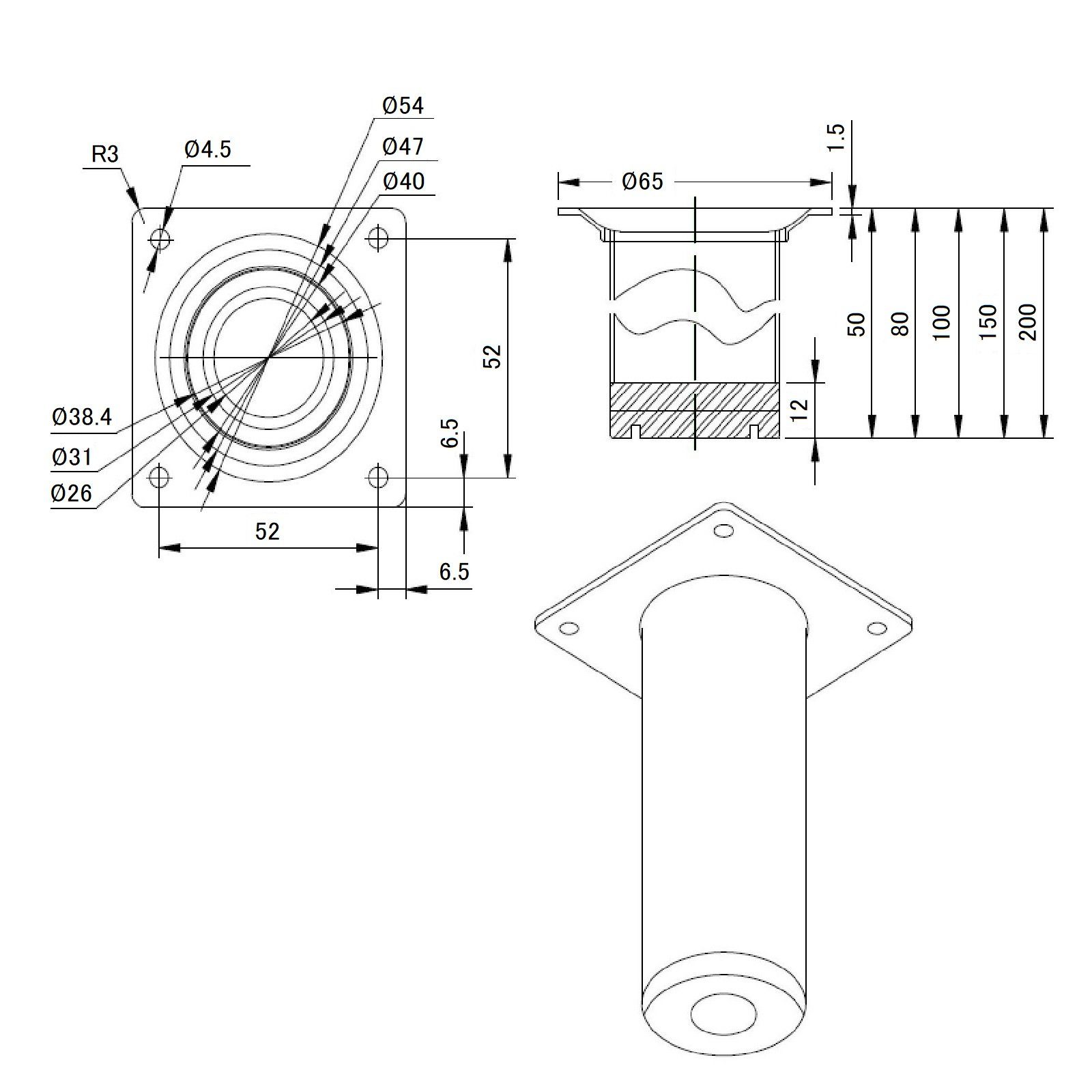 SO-TECH® Möbelfuß 4 Stück BRAVO Höhe 200 mm (10 mm) Ø 40 mm Chrom poliert, höhenverstellbar, aus Stahl, belastbar bis 50 kg pro Stützfuß