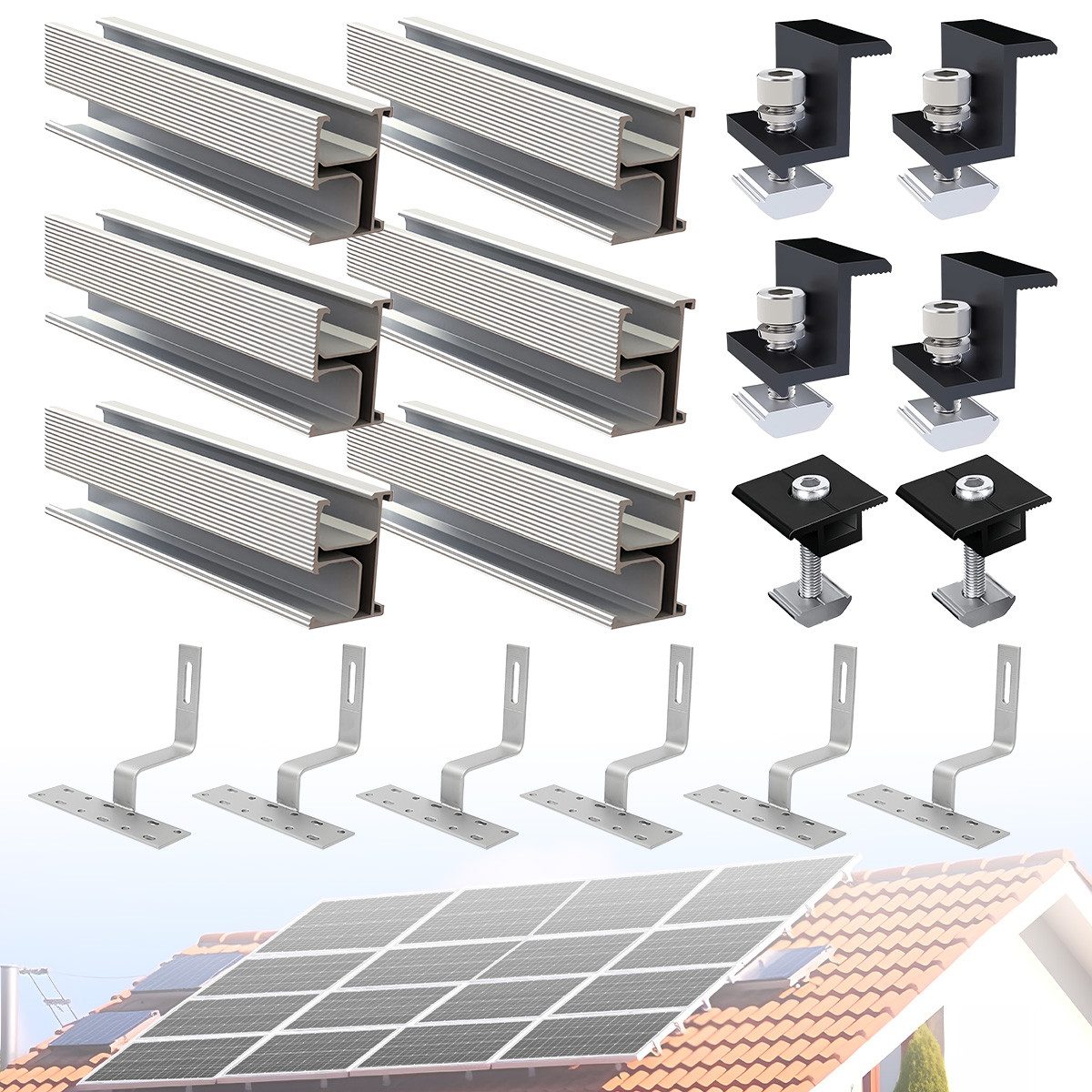 Rhein Beleuchtung Solarmodul-Halterung Solar Halterung Ziegeldach Set für 2 PV-Module – Solarmodul Halterung, (Ideal für Balkonkraftwerk & PV-Dachsystem – Montage am Ziegeldach, Verstellbare Alu-Schienen & Haken – Dachhalterungen Solarmodule)