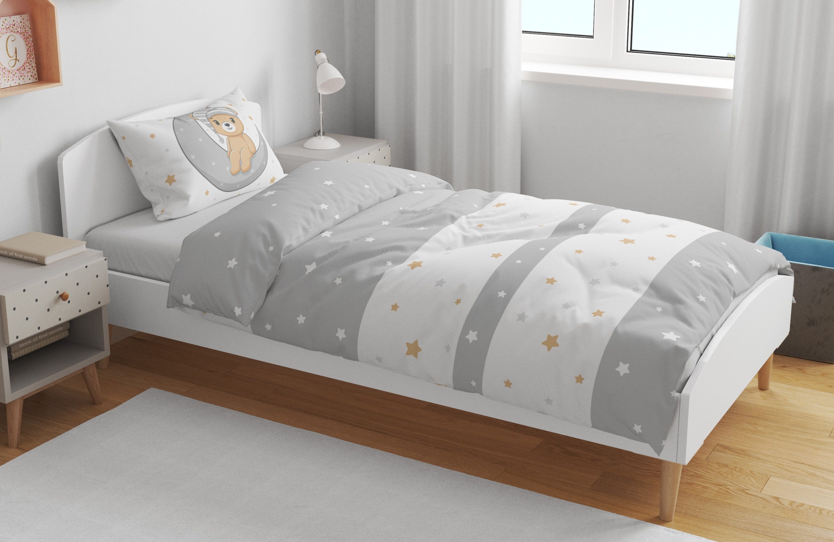 One Home Babybettwäsche Teddy Bären, Mikrofaser, 2 teilig, Mond und Sterne für Jungen und Mädchen, Kinder und Babybetten geeignet