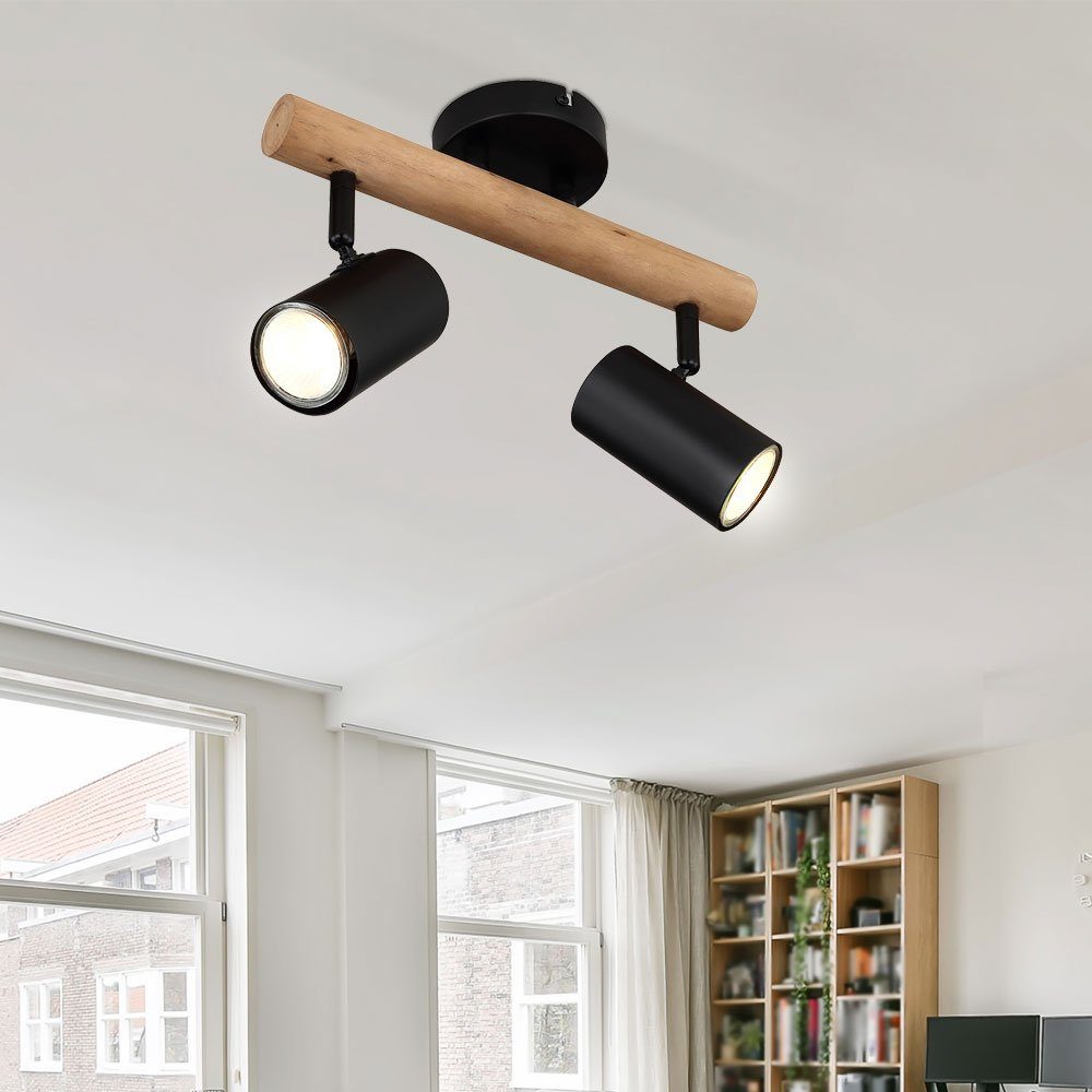 etc-shop Deckenstrahler, Leuchtmittel nicht inklusive, Deckenleuchte Wohnzimmerlampe 2 Flammig Holz Spots beweglich L 31 cm