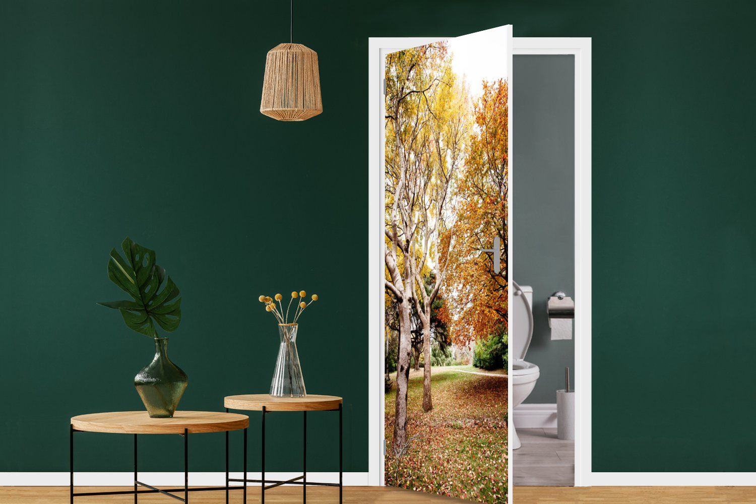 Natur, (1 Herbst Tür, Türtapete - 75x205 Matt, - Bäume bedruckt, für cm Fototapete MuchoWow St), - Türaufkleber, Laub