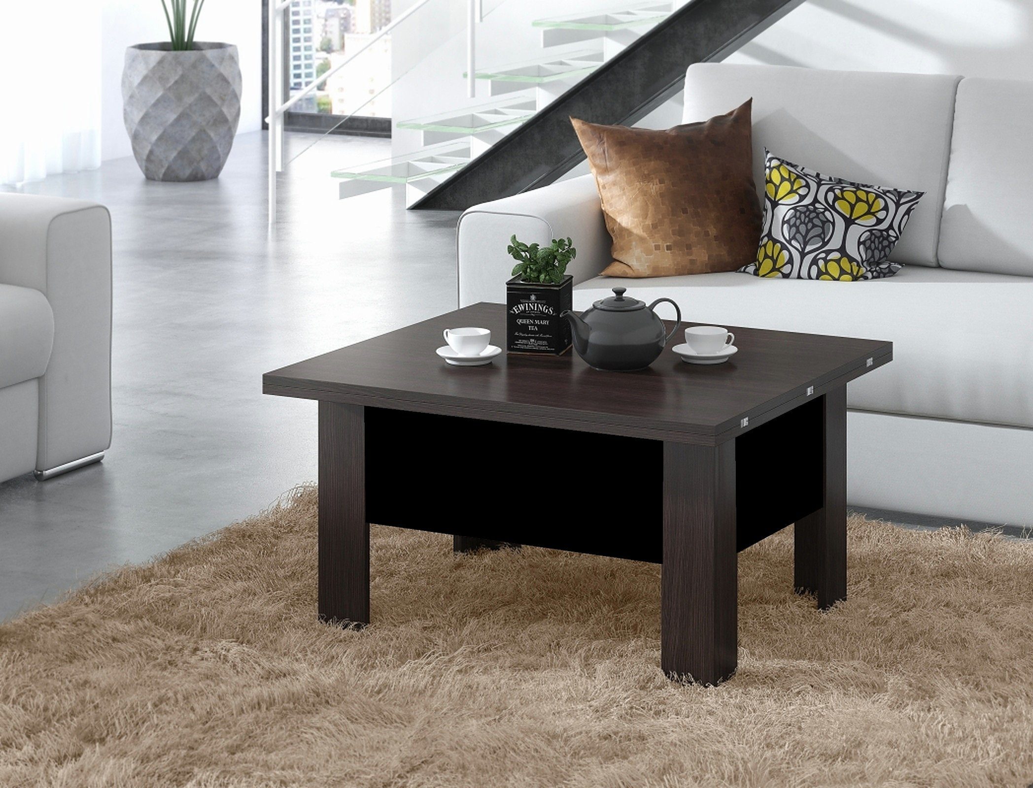 designimpex Couchtisch Design Couchtisch Tisch Oslo höhenverstellbar aufklappbar Esstisch Walnuss Wenge / Schwarz matt