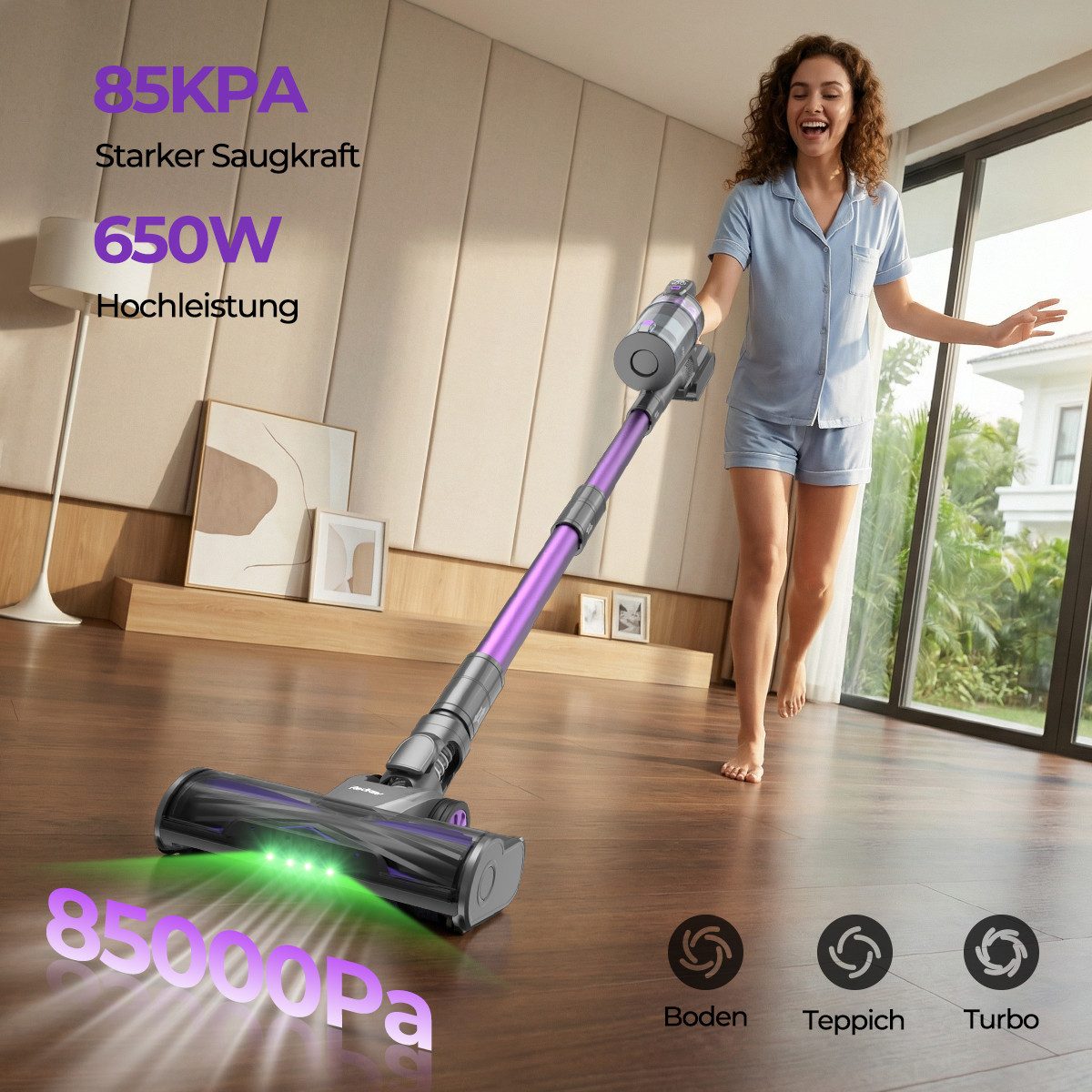 redroad Akku-Hand-und Stielstaubsauger 85000Pa Akku Staubsauger 650W/100Min/3,8L Staubsauger Kabellos, 650 W, mit Beutel, Ultraleiser, kabelloser Stabstaubsauger mit intelligentem Display