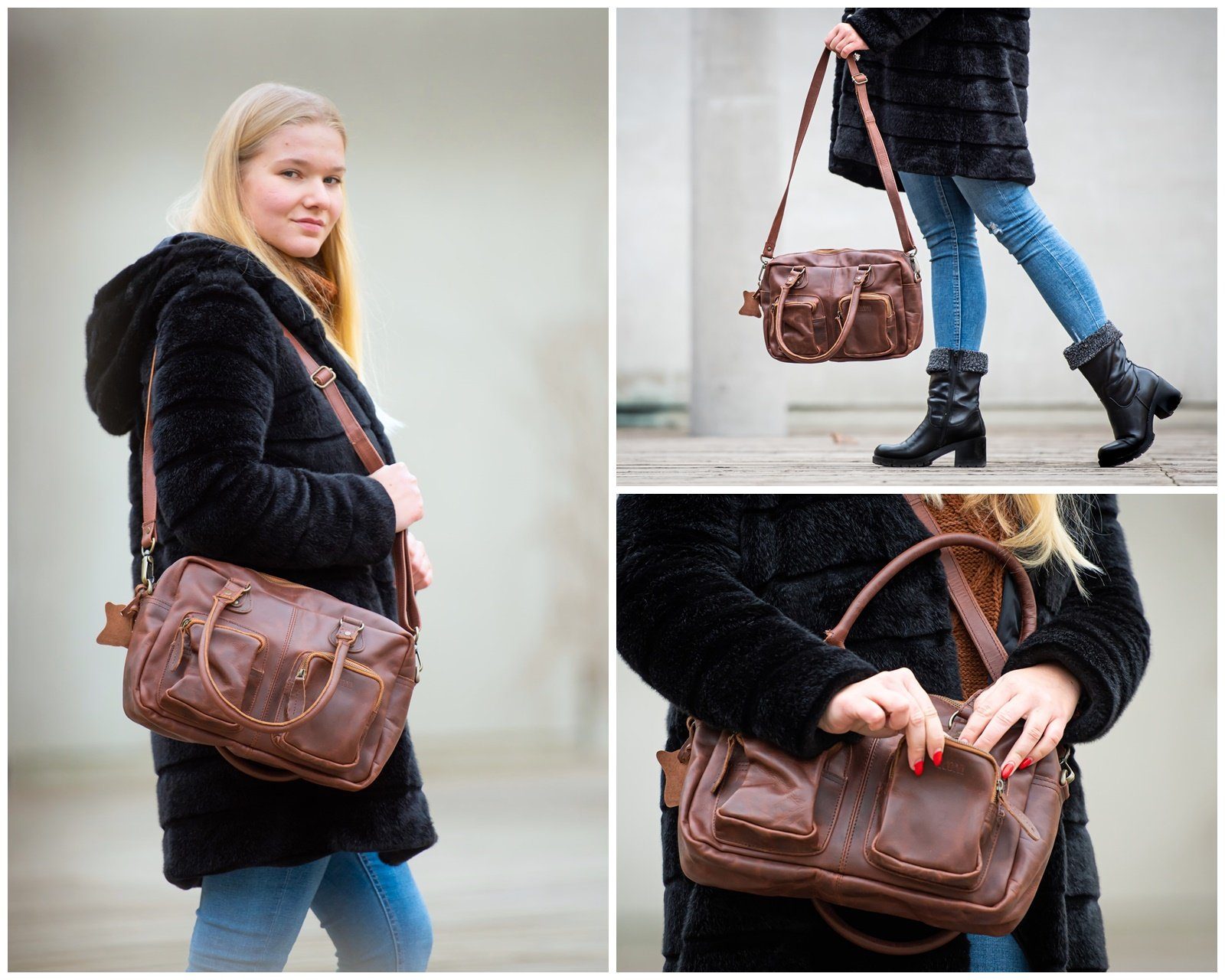 LECONI Schultertasche Handtasche Ledertasche Henkeltasche Damen Echt Leder LE0046, ideal für Alltag und Freizeit - Henkel + langer Tragegurt - 33x21x9cm