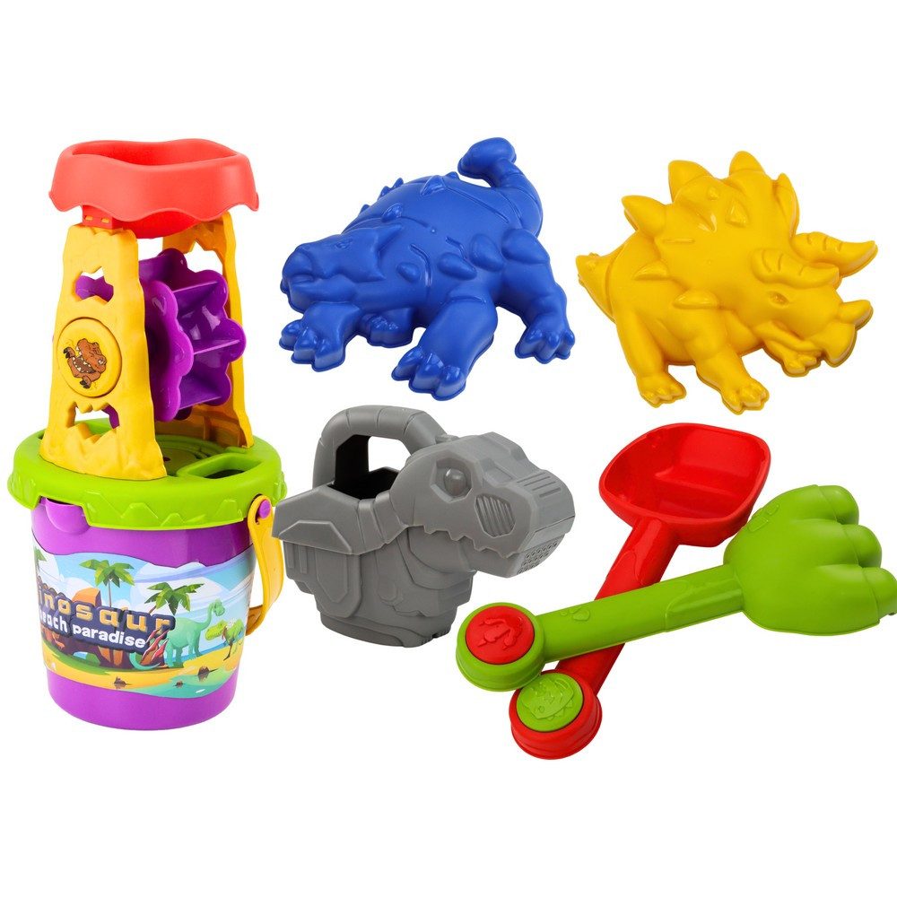 LEAN TOYS Sandmühle Sandspielset Strandspielzeug Dinoformen, (Spar-Set, 1-tlg., 23 x 18 x 18 cm bunt), Sandmühle mit Sieb, Dinoformen, Gießkanne, EN71