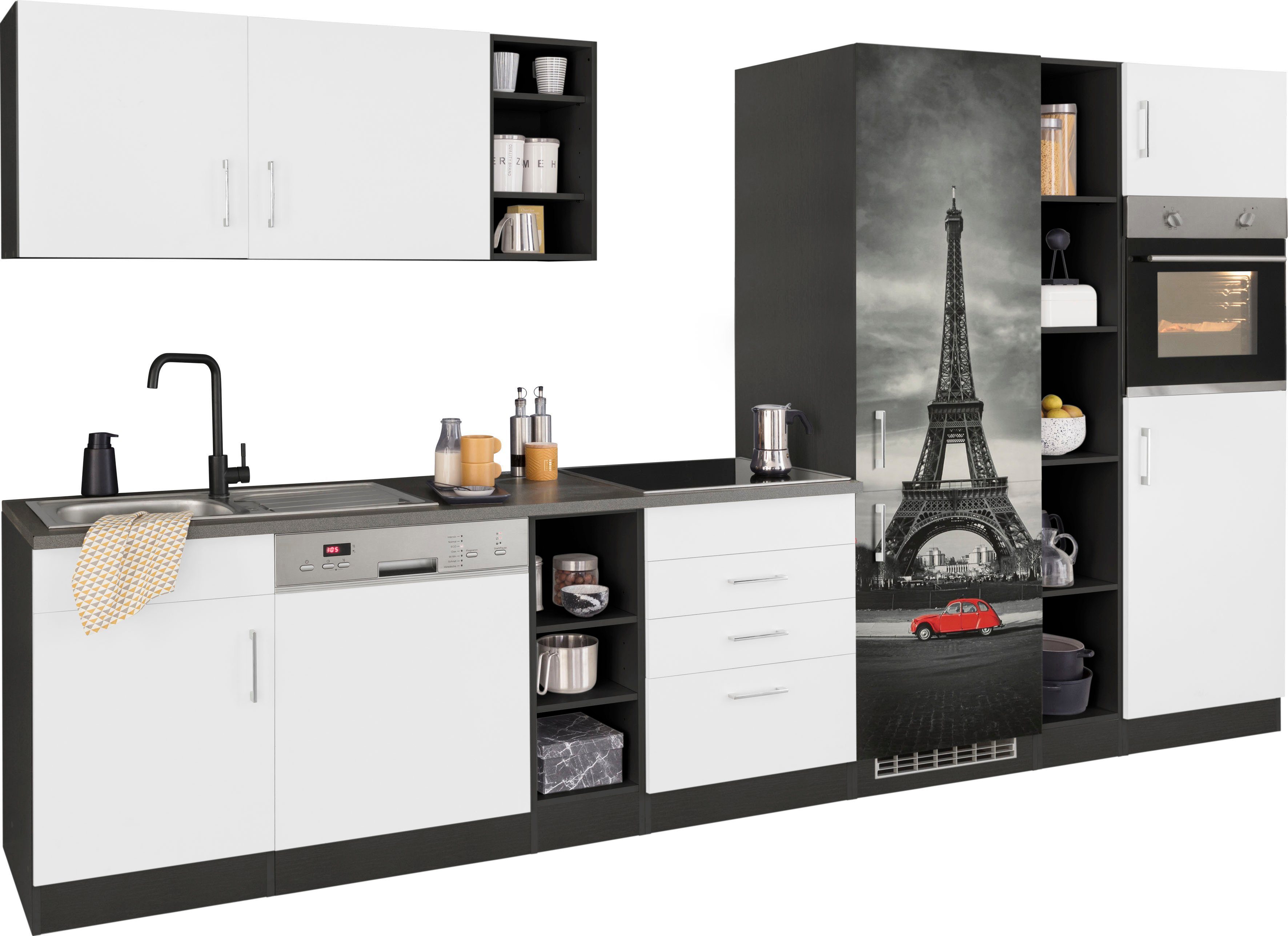 KOCHSTATION Küchenzeile KS-Paris – Küchen mit einzigartigen Fotomotiven auf den Fronten, Breite 350 cm, wahlweise mit E-Geräten und Induktion