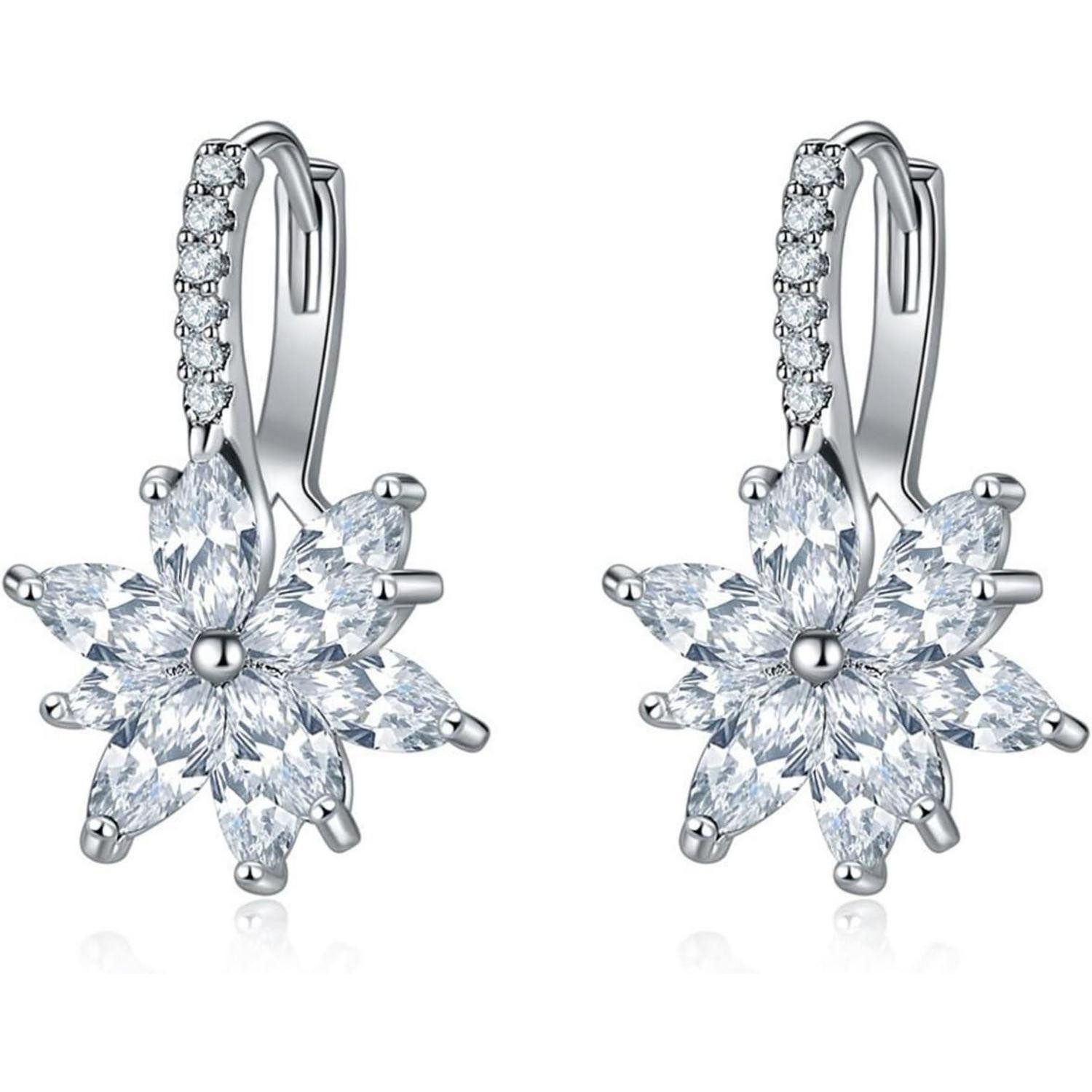 LuxusKollektion Klappcreolen Creolen Damen Huggie Hoop Klapp Blumen Zirkonia Silber Weiß