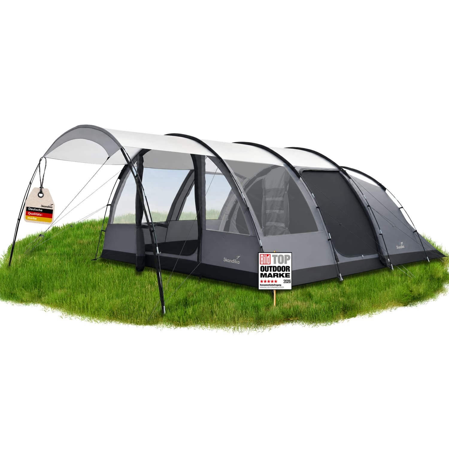 Skandika Tunnelzelt Falkenberg Sleeper Protect, Großes Familienzelt für 6 Personen, Personen: 6 (wasserdicht, 2m Stehhöhe, 670 x 390 x 200 cm, UV-Schutz: UPF 50), eingenähter Zeltboden, schwarze Schlafkabine, 3.000 mm Wassersäule