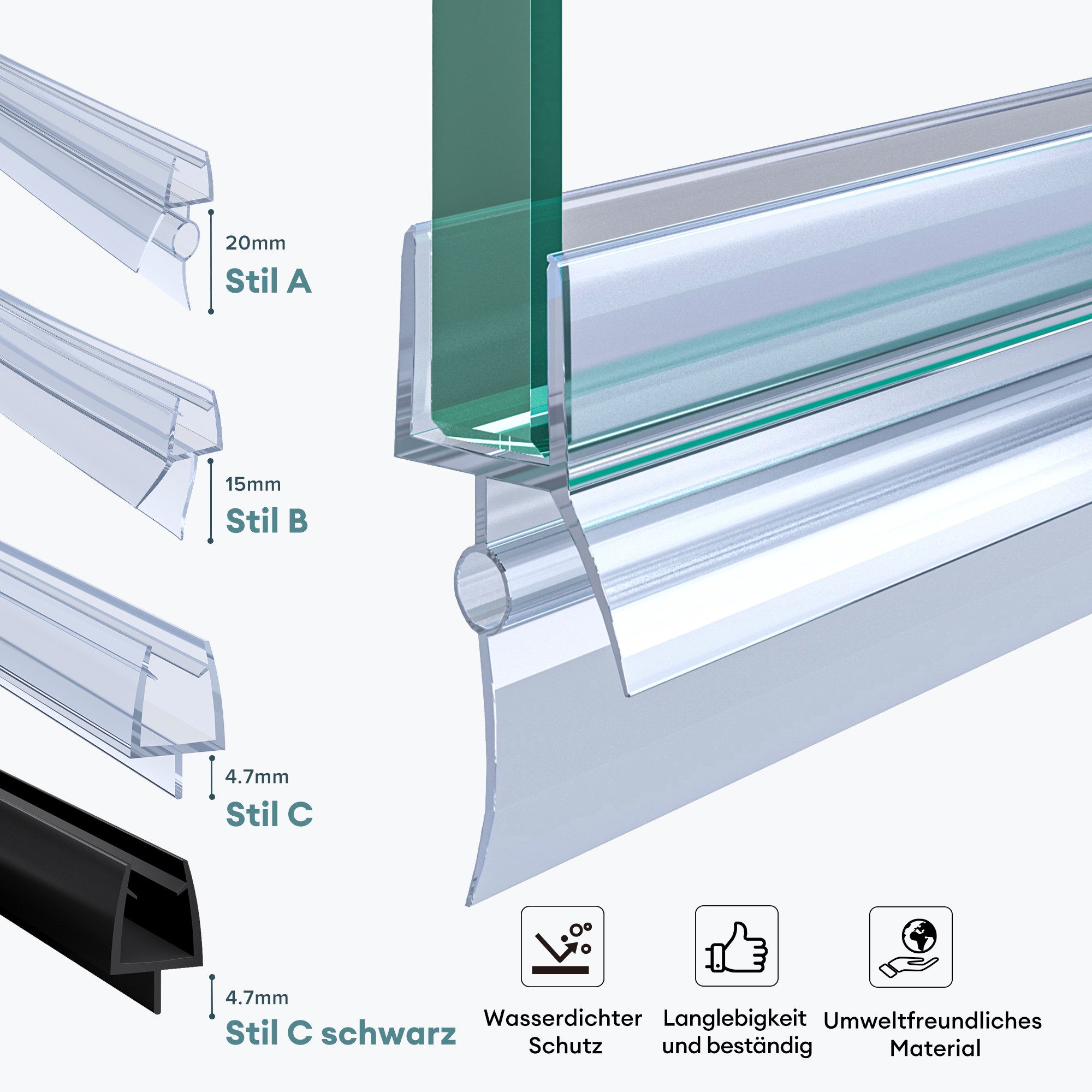 Mai & Mai Duschdichtung PVC Duschtürdichtung für 6mm Glasstärke Ersatzdichtung für Duschtüren, L: 60 cm