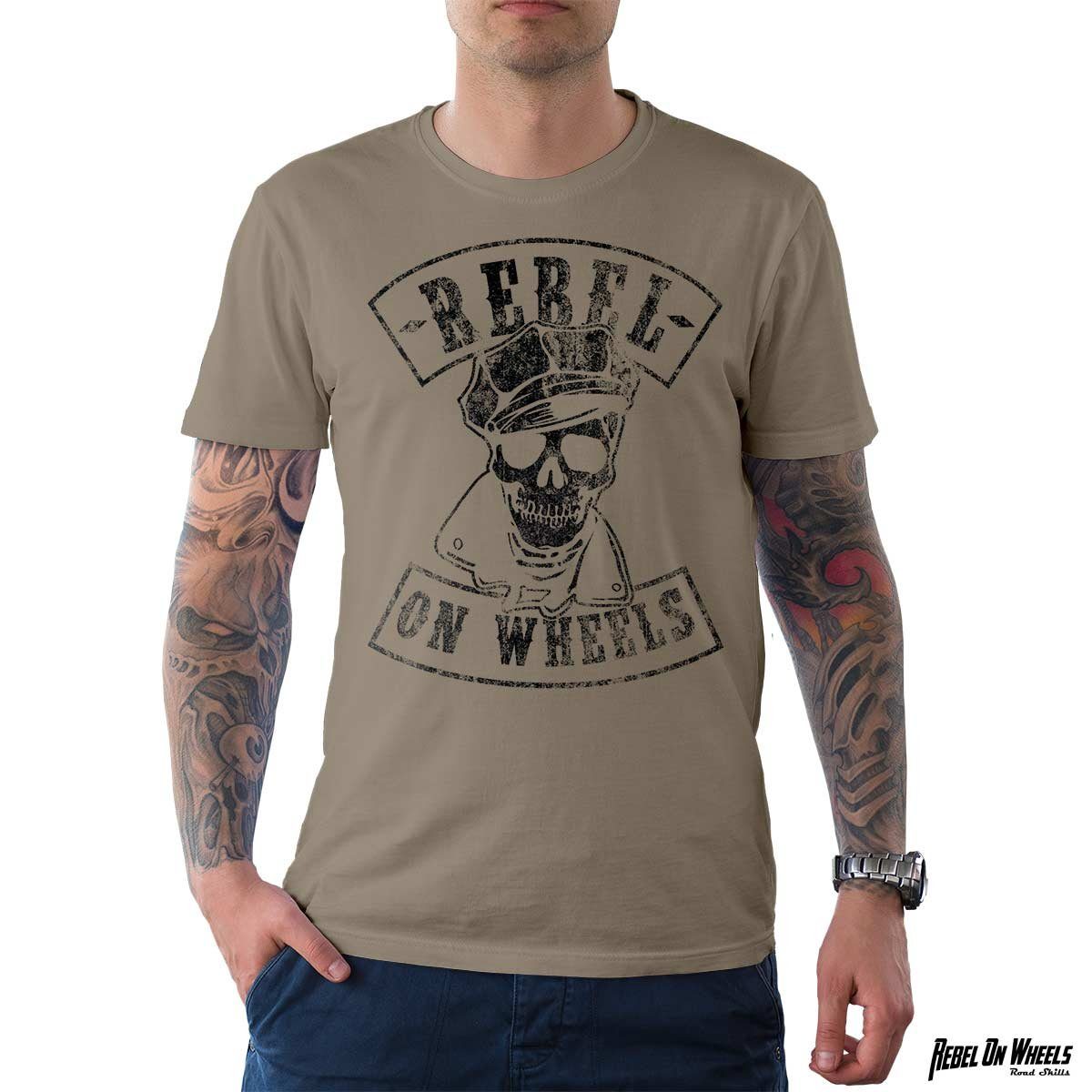 On Khaki mit The T-Shirt aus Wheels (1-tlg) Herren Frontprint Rebel Baumwolle, Tee reiner Rebel