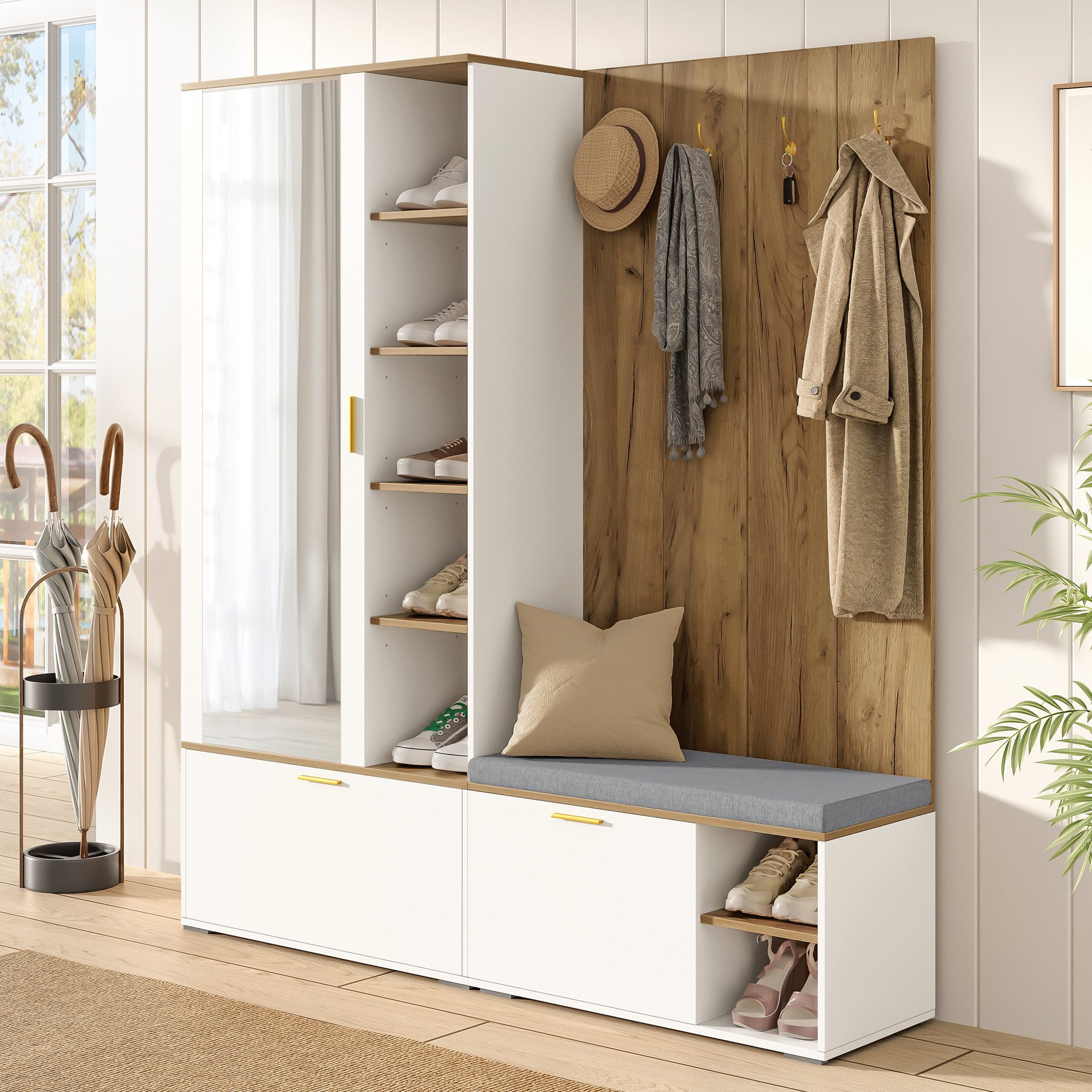 Merax Garderoben-Set Garderobenset, Schuhschrank mit Klappen, Sitzbank, (1-St., Kleiderschrank mit ausziehbarer Kleiderstange, 4 Haken, Spiegel), Garderobenstän – Bild 4 von 5