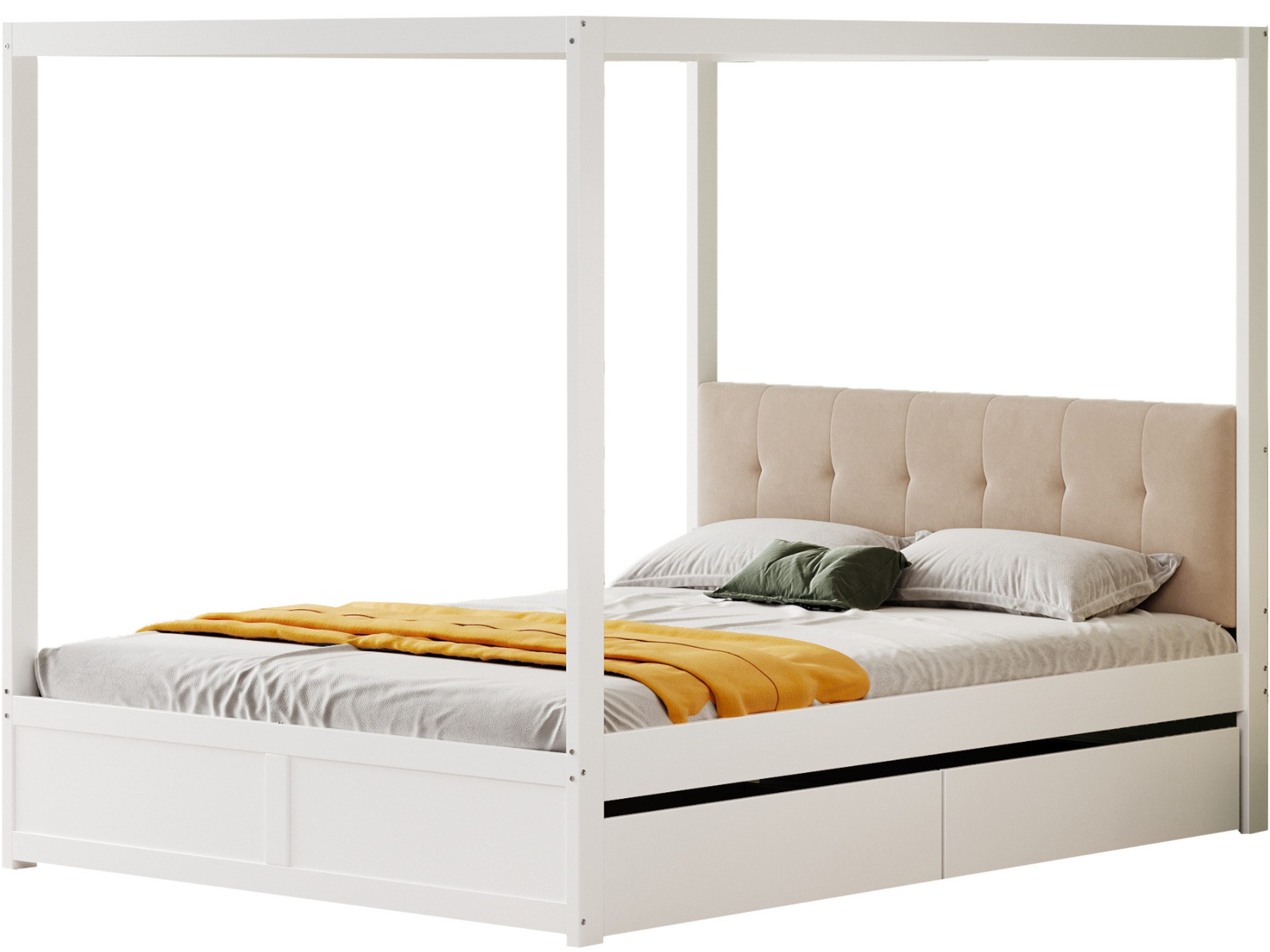 SeedWave Holzbett Modern Himmelbett Doppelbett mit Rückenlehne, 2 Schubladen, 140×200cm, Schubfächer ohne Griffe, mit Oberrahmen zum Aufhängen