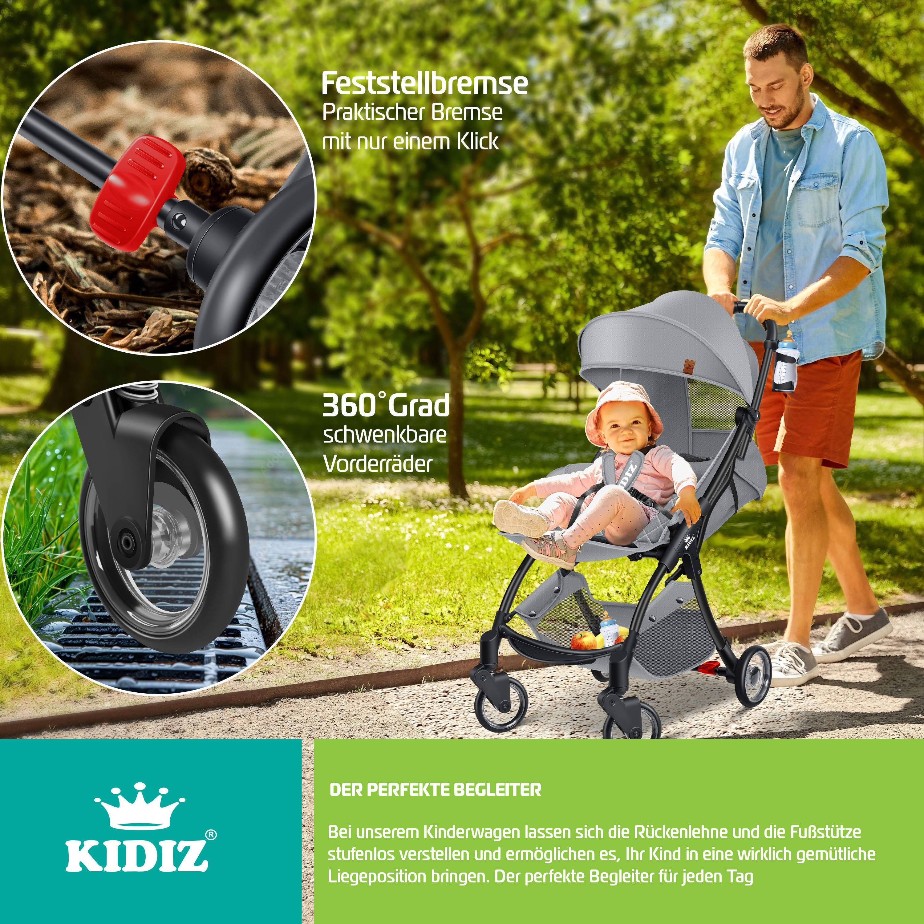 KIDIZ Kombi-Kinderwagen Sportwagen Faltbar, Buggy mit verstellbaren Rückenlehnen & 360° Räder, (Kinderbuggy Inkl. Getränkehalter, Regenabdeckung & Sonnenverdeck), Liegebuggy mit 5-Punkt Gurt & Abnehmbare Stoßstange
