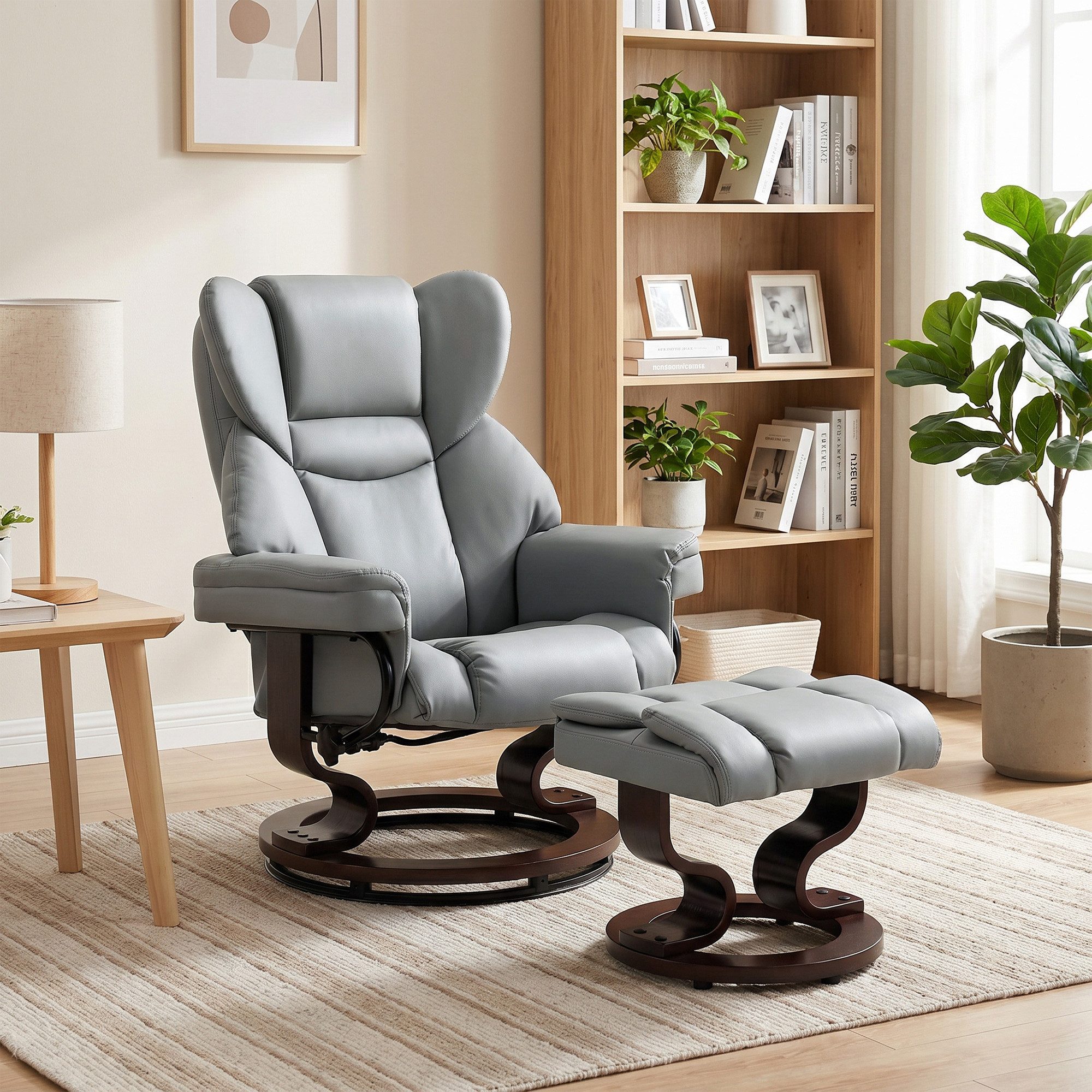 OKWISH Relaxsessel Drehbarer Loungesessel Hellgrau mit Fußhocker und hoher Rückenlehne (Polstersitz mit Holzfuß für entspannte Stunden im Alltag, 2-St., Relaxsessel mit Hocker), Bequemer Relaxstuhl mit hochdichtem Schaumstoff für Wohnzimmer