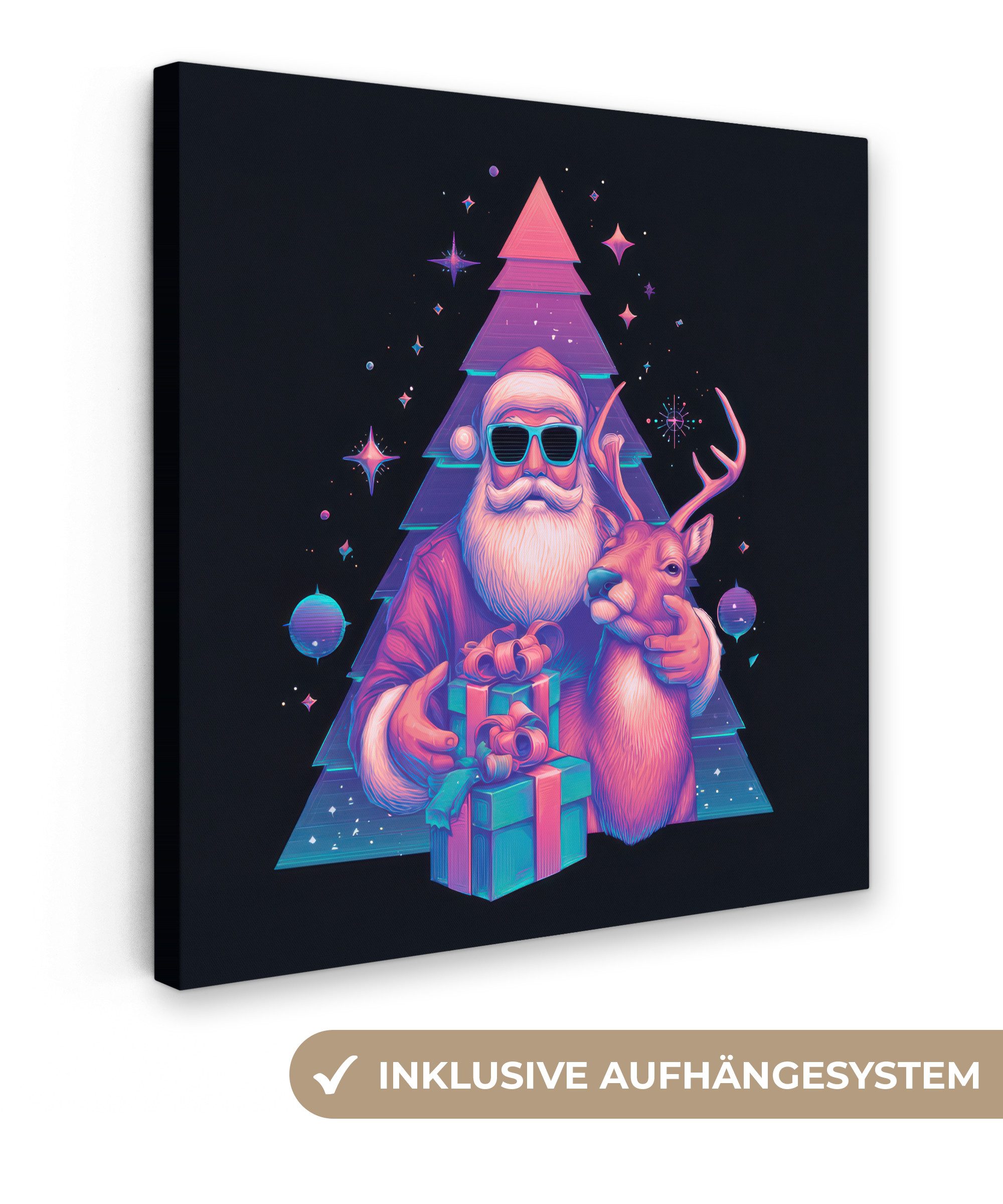 OneMillionCanvasses® Leinwandbild Retro - Weihnachtsmann - Rentier - Weihnachtsbaum, Fotodruck (1 St), Wandbild, Deko Schlafzimmer Wohnzimmer Flur 20x20 cm