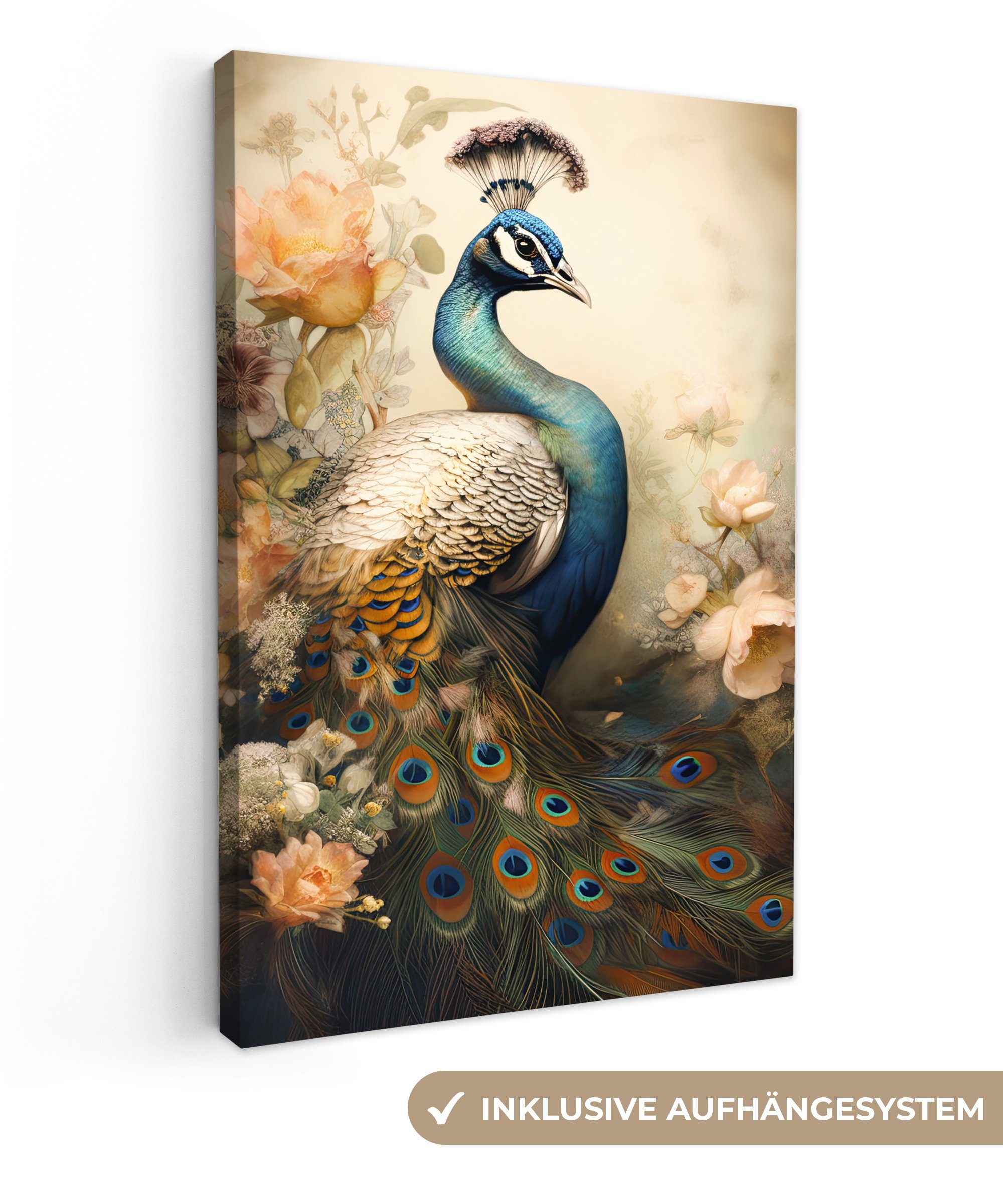 OneMillionCanvasses® Leinwandbild Pfau - Pfauenfedern - Blumen - Botanisch, Fotodruck (1 St), Leinwand Canvas Wandbild, Wanddekoration 20x30 cm