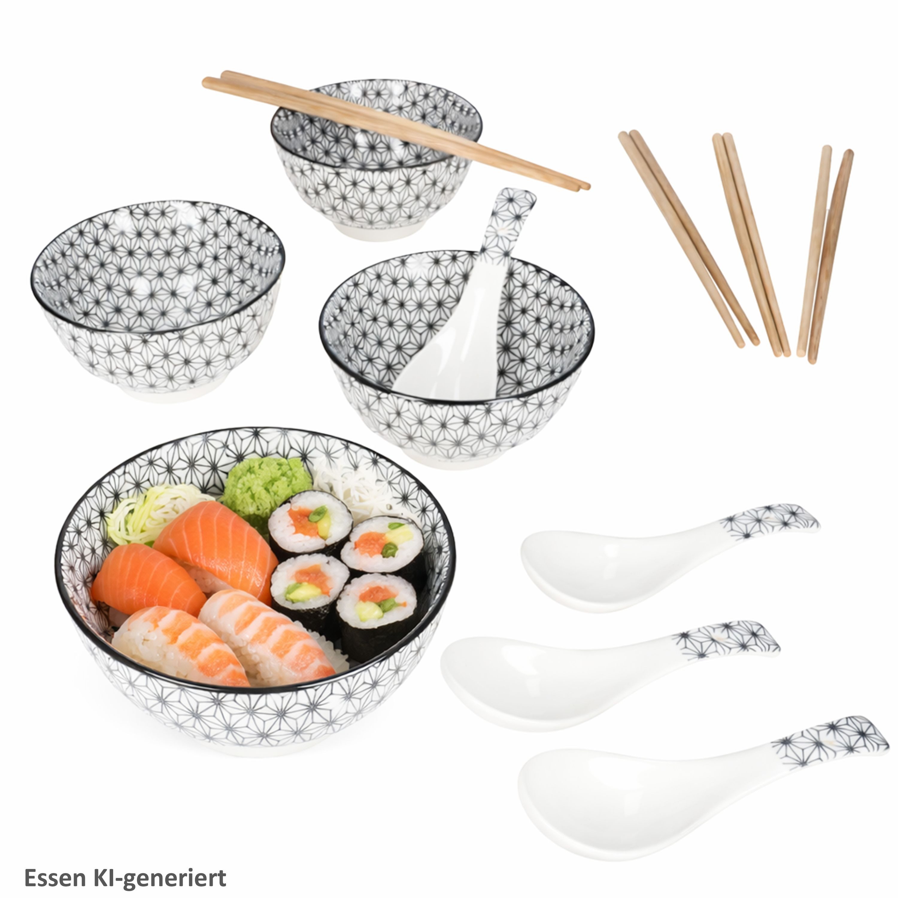 MamboCat Suppenschüssel MamboCat Sushi Set für 4 Personen Schalen Löffel Stäbchen Ramen Suppe, Keramik