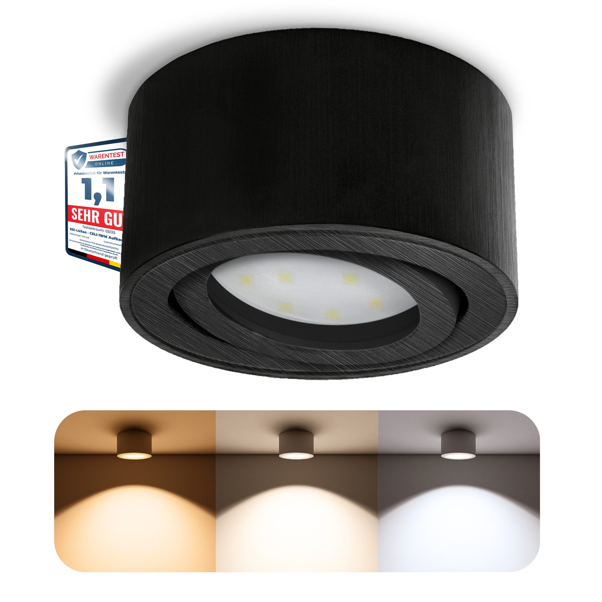 SSC-LUXon LED Aufbaustrahler CELI-1B LED Aufbauspot schwarz 6W dimmbar warm/neutral/tageslicht, Warmweiß bis Tageslicht
