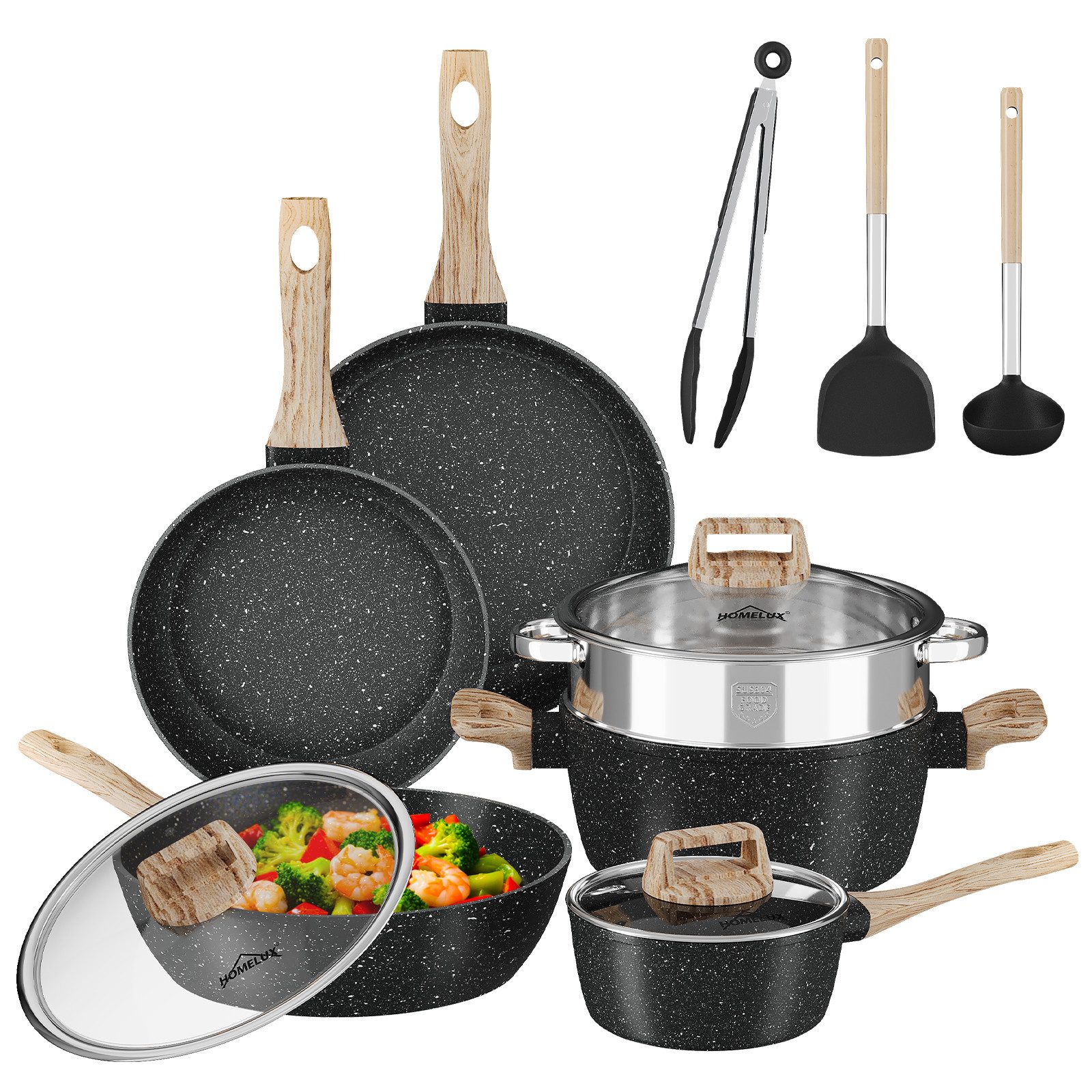 HOMELUX Topf-Set Kochgeschirr-Set, 12tlg Induktions Töpfe Set, Antihaftbeschichtung, Aluminium, Edelstahl (Pfanne 24/28cm, Tiefe Bratpfanne 28cm, Topf mit Dampfgarer 24cm, Milchtopf 16cm), Induktion