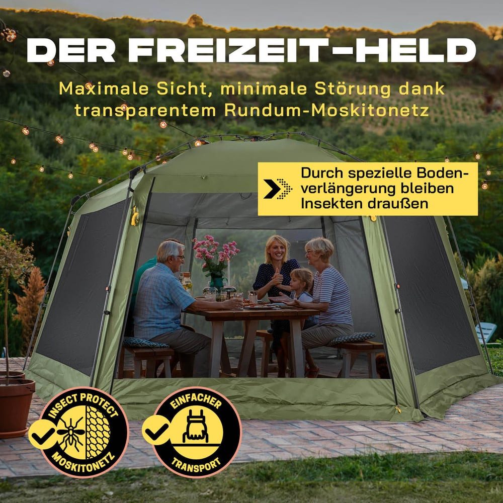 Lumaland Pavillon Pop Up Pavillon Aufbau in unter 2 min sechseckig 155x215x167cm, Camping Reisen Party Schutz vor Regen Wind Wetter transportabel