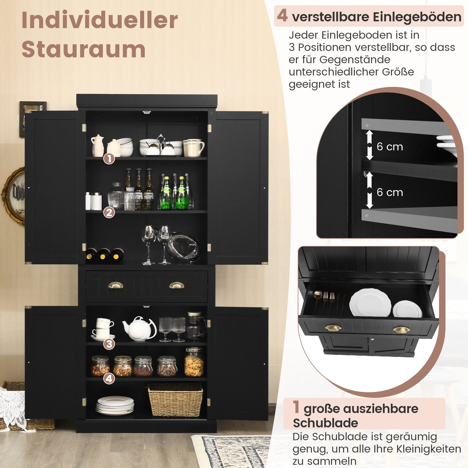 COSTWAY Küchenbuffet Hochschrank mit verstellbarer Regalen&Schublade, 183cm