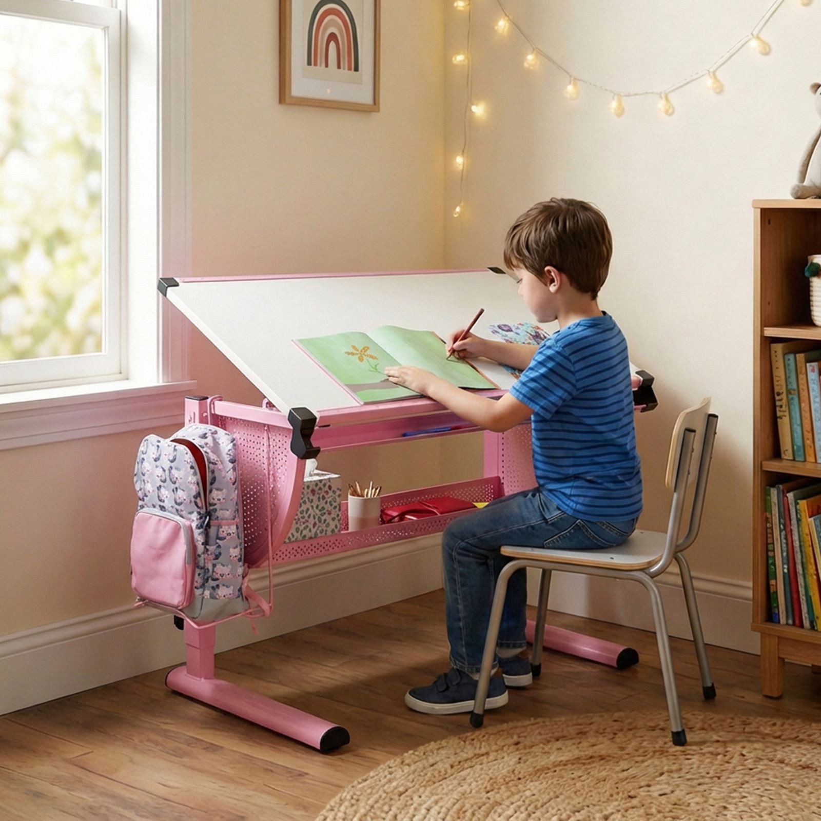 CARO-Möbel Kinderschreibtisch SARI, Lerntisch höhenverstellbar mit Rucksackhalterung & Ablagerinne rosa