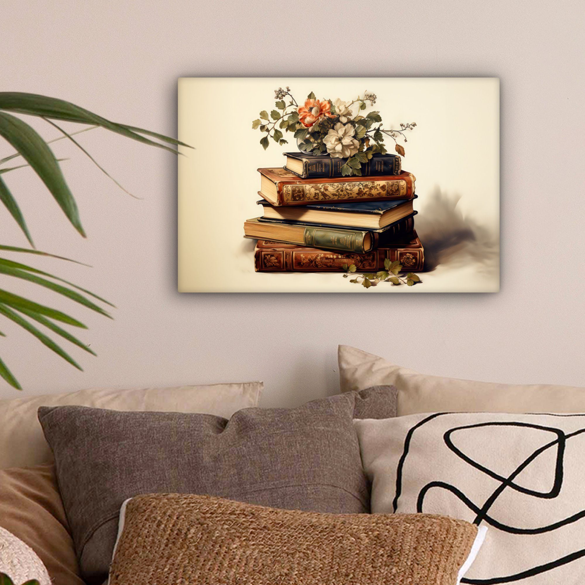 Vintage Bücher - - Blumen St), Wandbild OneMillionCanvasses® 30x20 cm Wanddeko, Weiß, Leinwandbild Aufhängefertig, (1 - Leinwandbilder,