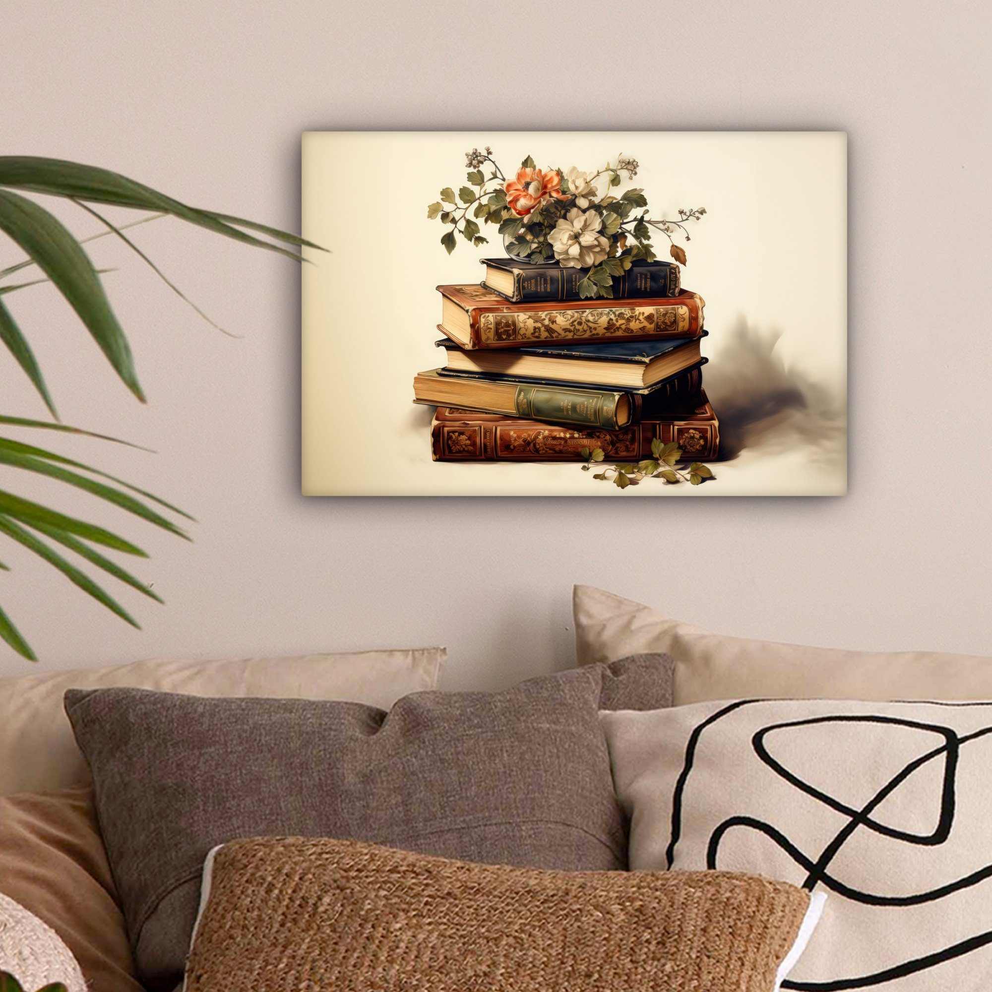 OneMillionCanvasses® Leinwandbild Vintage - Bücher Weiß, cm St), (1 Leinwandbilder, Aufhängefertig, - - 30x20 Blumen Wandbild Wanddeko