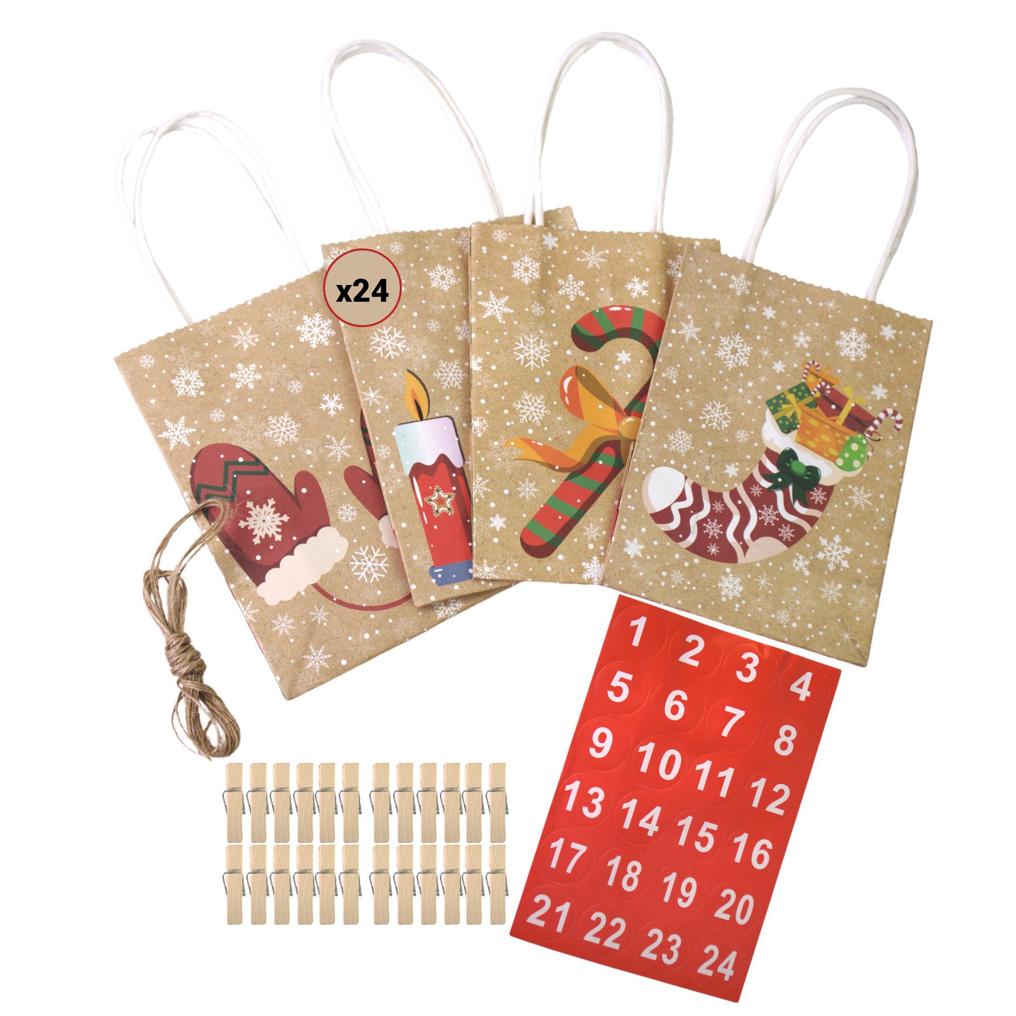 hausleben befüllbarer Adventskalender 24 Geschenktüten aus Kraftpapier (73-tlg), inkl. Sticker 1-24, 3m Paketschnur, 24 Holzklammern