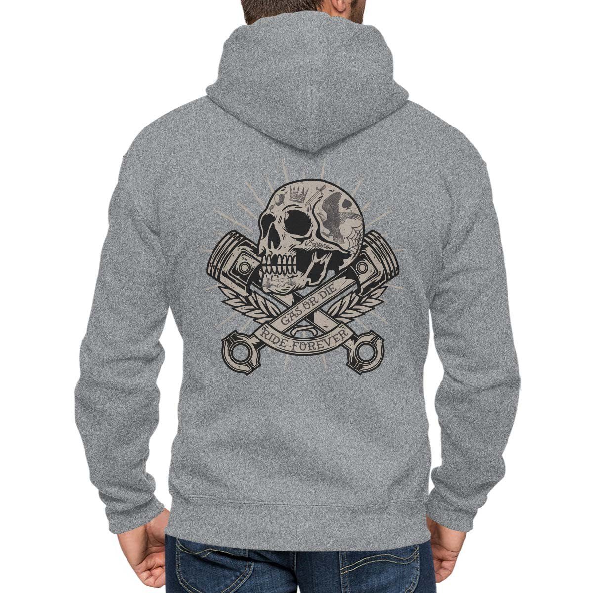 Skull Melange Grau Motiv Rebel Wheels / Hoodie On and Kapuzenjacke Zip Motorrad mit Pistons Kapuzensweatjacke Biker