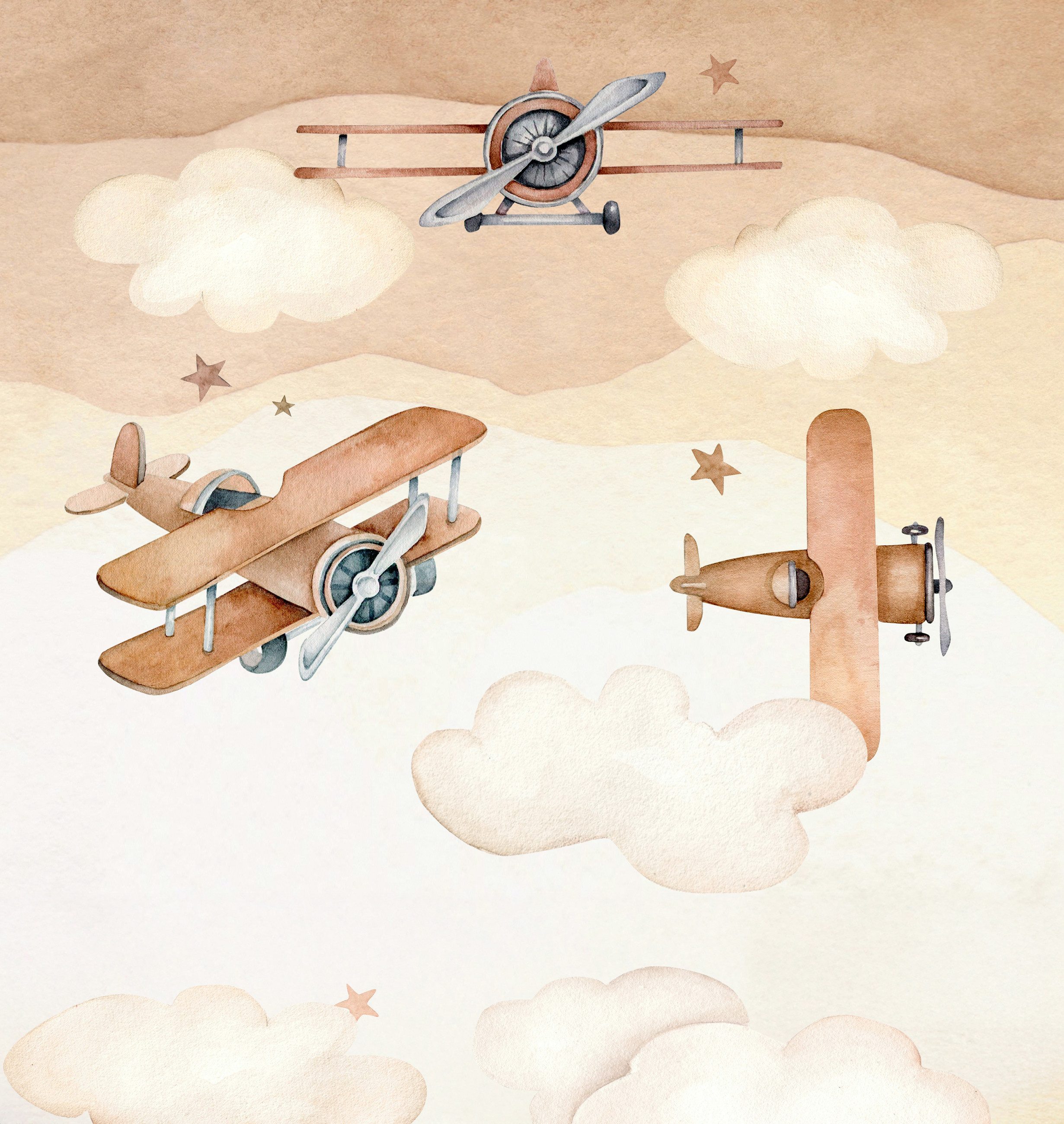 Rasch Fototapete Kinderzimmer mit Flugzeugen und Wolken in Beige und Braun, strukturiert, gemustert, (1 Rolle, 1 St), Retro