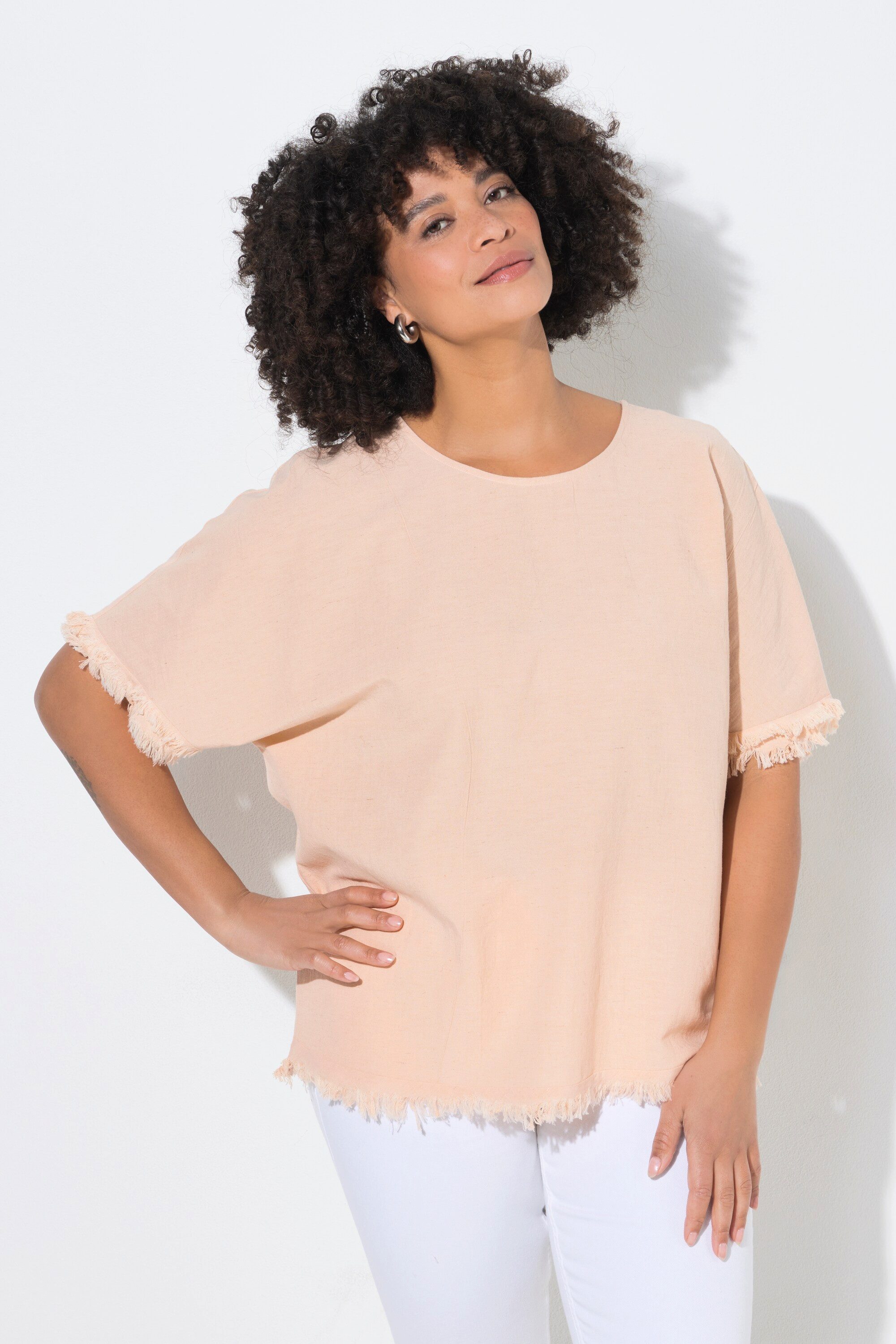 Angel of Style Druckbluse Blusenshirt Oversize Fit Leinenanteil Fransen