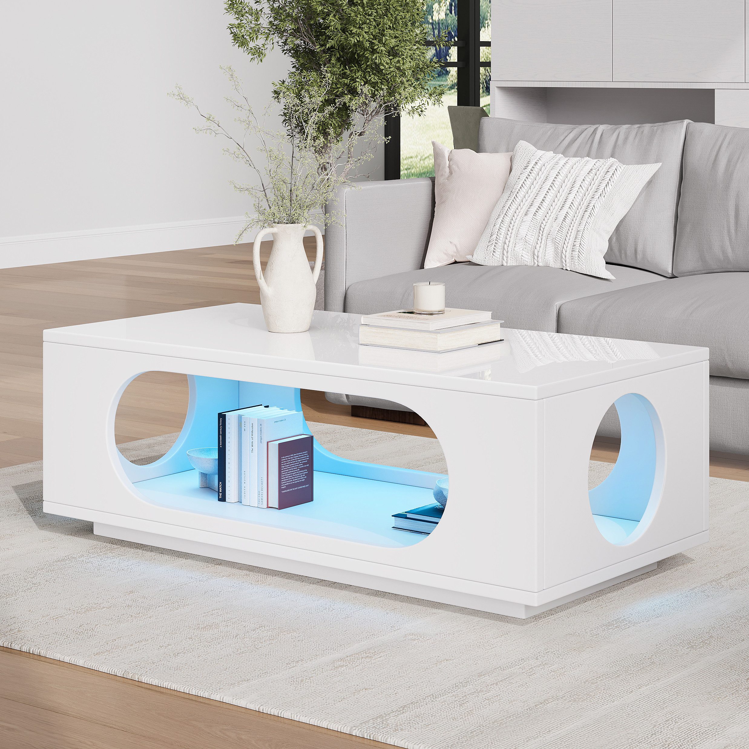 REDOM Couchtisch 100x50x35 cm, Hochglanz, LED mit App-Steuerung (Packung, 1-St., MDF, 30 kg Tragfähigkeit, durchbrochenes Design), Beistelltisch mit großem Stauraum, Sofatisch