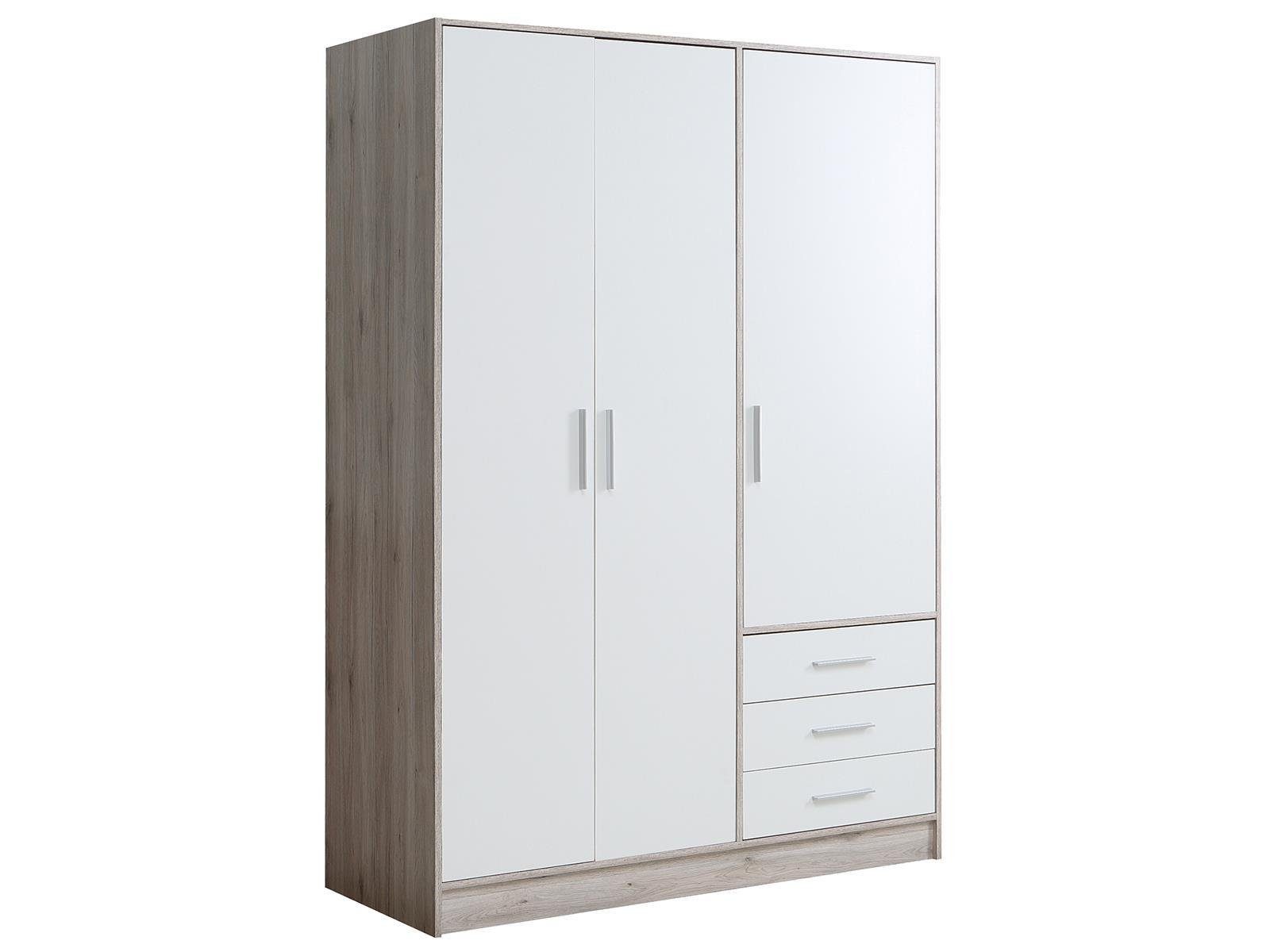 möbelando Kleiderschrank Babbette Moderner Spanplatte, 3 Sandeiche Front 200 3 Kleiderstange. 1 Nachbildung, cm, Tiefe Höhe Korpus mit Sandeiche 1 Weiß Weiß Breite und 60 Ablageboden festen Schubkästen, Holztüren, Kleiderschrank 144,6 cm, cm aus in 2 Einlegeböden, in