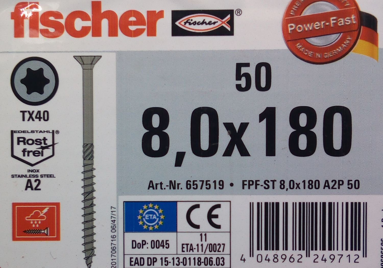 Thumbnail - Fischer Befestigungstechnik Spanplattenschraube 50x fischer Holzschrauben 8,0x180 Edelstahl A2 TX Senkkopf Teilgewinde, ...