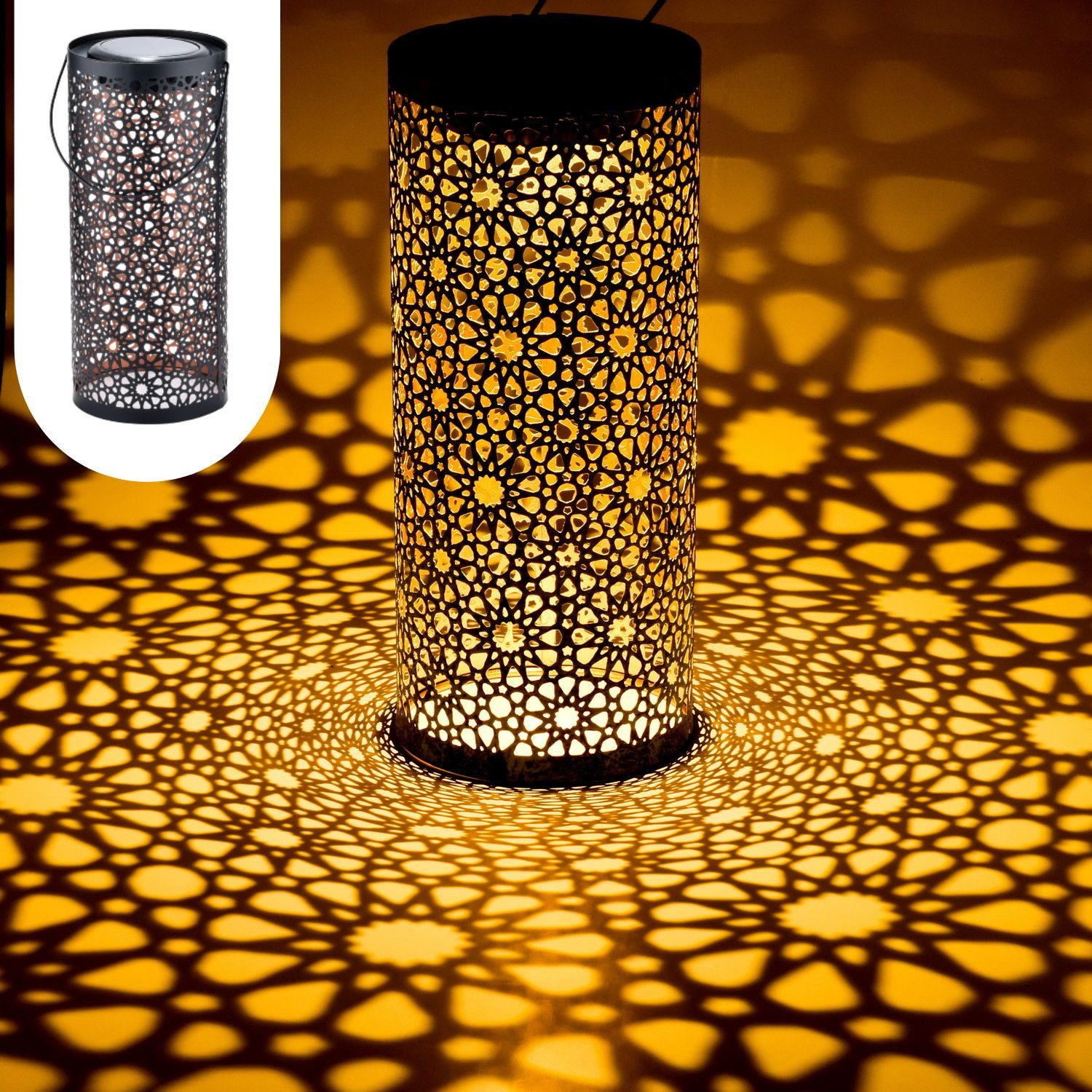 Marrakesch Orient & Mediterran Interior LED Solarleuchte Orientalische Solarlaterne Laterne Lampe Balkon Garten Noum Schwarz, LED fest integriert, Handarbeit