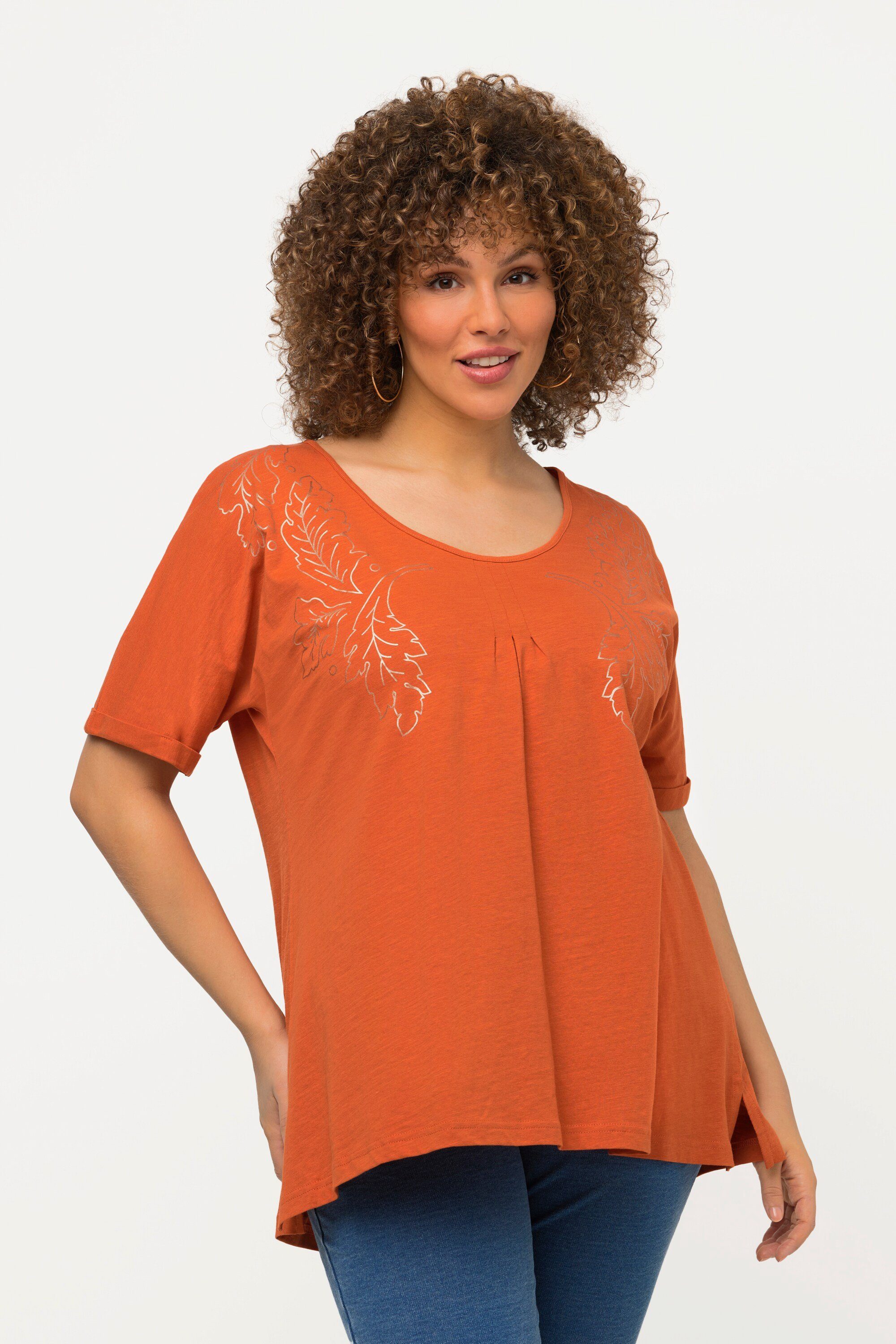 Rundhalsshirt Popken Ulla Oversized V-Ausschnitt Metallic-Druck orange T-Shirt