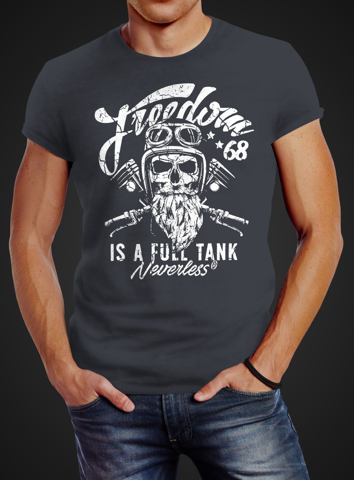 Herren Skull T-Shirt Totenkopf Biker Motorrad Neverless® Tank Neverless Print grau Freedom full mit Fit is a Slim Print-Shirt Motiv