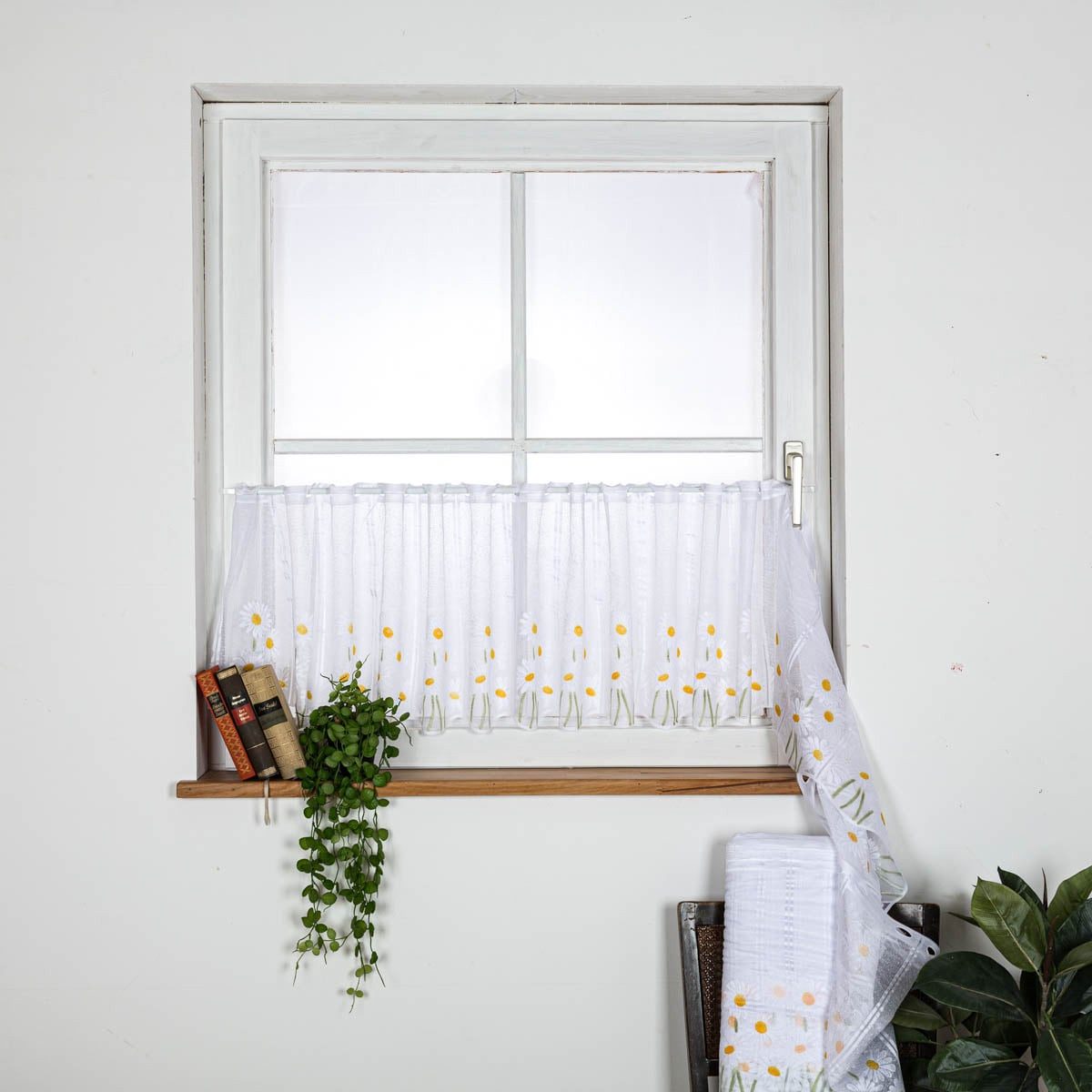 SCHÖNER LEBEN. Stoff Scheibengardinen Meterware nähfrei Jacquard Margerite weiß 60cm Höhe, pflegeleicht