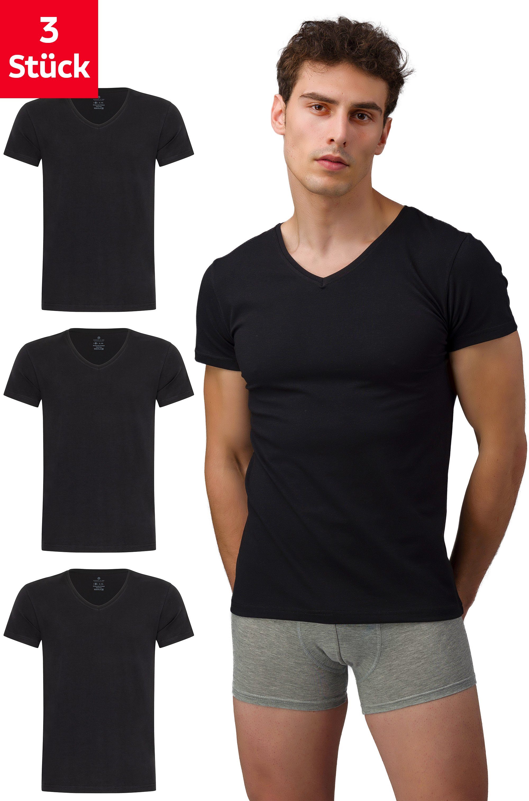 Burnell & mit Slim Fit Business Basic Herren 3-St., Baumwolle Set, (Packung, Pack) Unterhemd Spar-Packung, und Son Schwarz extra Kurzarm Feinripp, - aus 3er T-Shirt lang V-Ausschnitt Spar-Pack, für