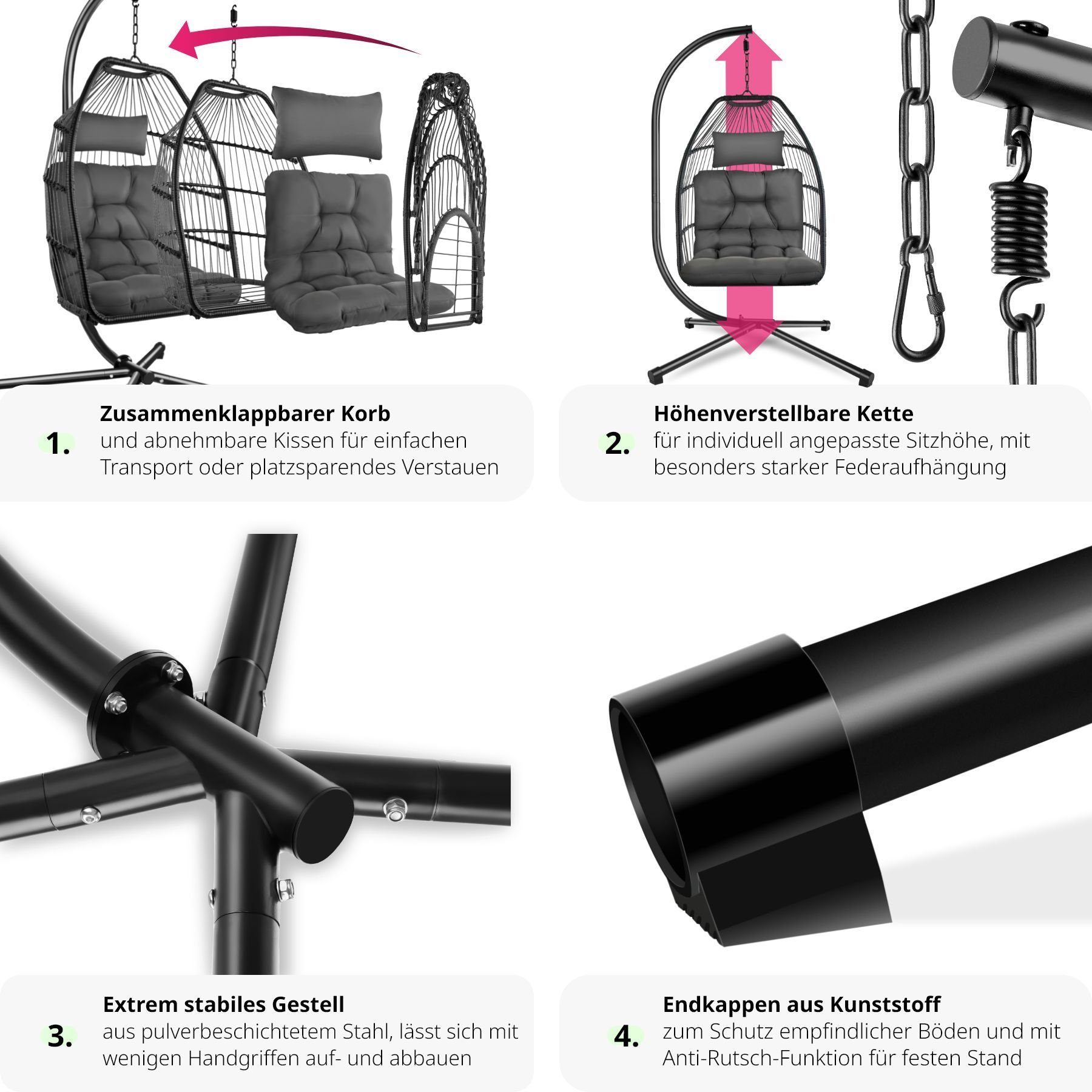 Kissen Gestell faltbar, 360° 160kg, Ariane mit tectake Hängesessel dunkelgrau und Hängesessel drehbar, stabil abnehmbare Sitzkissen,