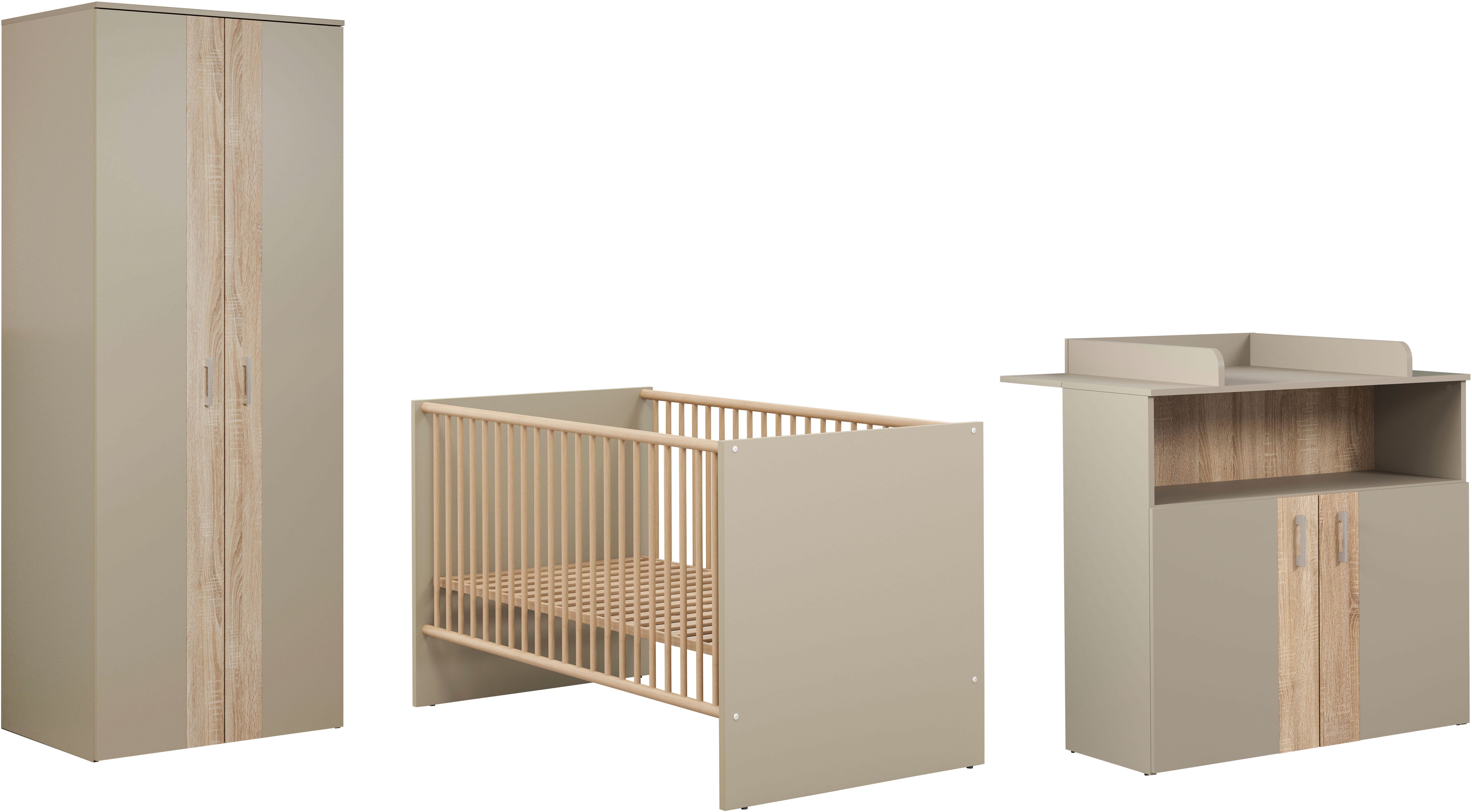 trendteam Babymöbel-Set Beja, (Set, 3-tlg), Gitterbett, Wickelkommode und Kleiderschrank - silberfarbene Griffe