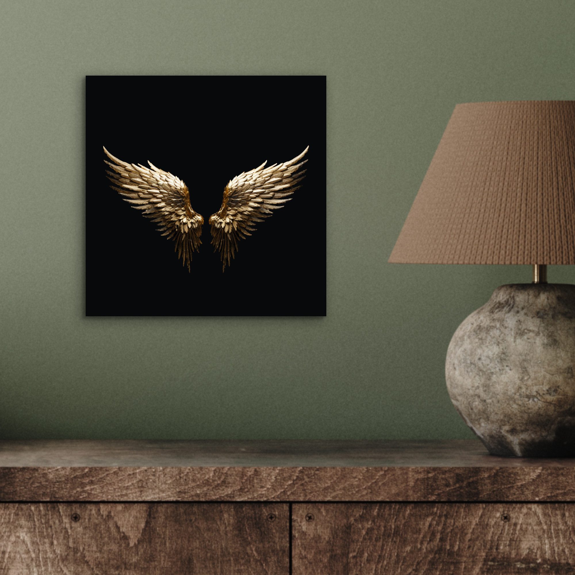 MuchoWow Metallbild Flügel - Engel - Gold - Schwarz - Abstrakt, Inkl. Aufhängung, Alu-Dibond-Druck, Wandbild aus Metall, Aluminium deko, 20x20 cm – Bild 4 von 5