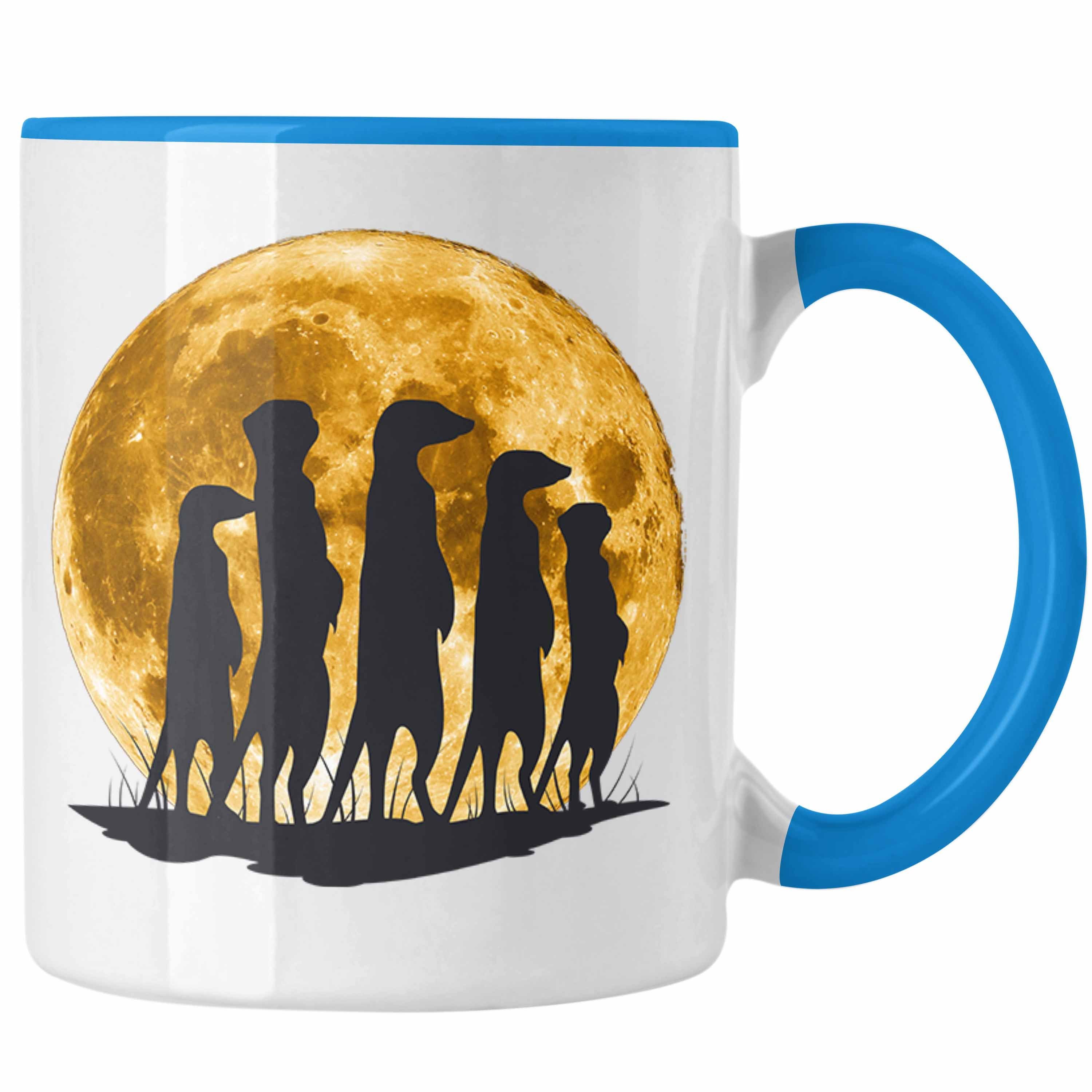Trendation Tasse Erdmännchen für Tierliebhaber Blau Tasse Mondgrafik Geschenk