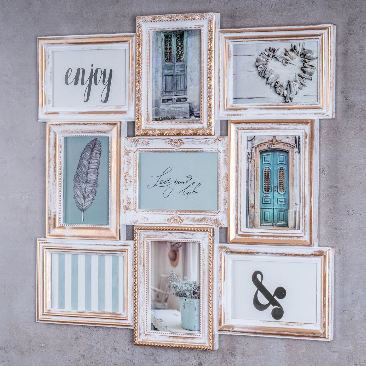 Levandeo® Bilderrahmen Collage, Bilderrahmen weiß gold gewischt 9 Fotos Bar günstig online kaufen